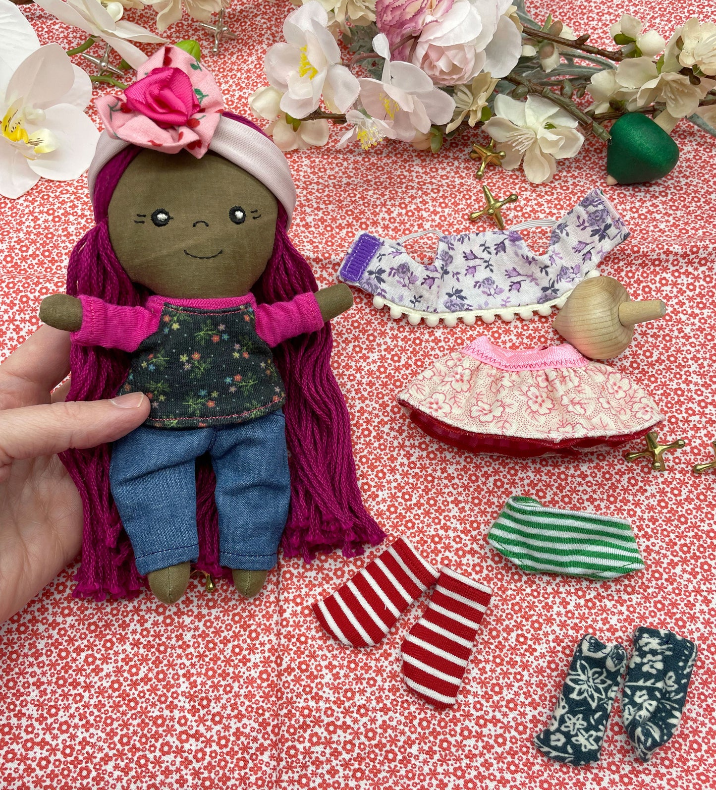 Small Handmade Doll with extra clothes, handmade, Pink hair, Accessories included, Gift Doll, Diverse, heirloom, doll set, skirt, reversible