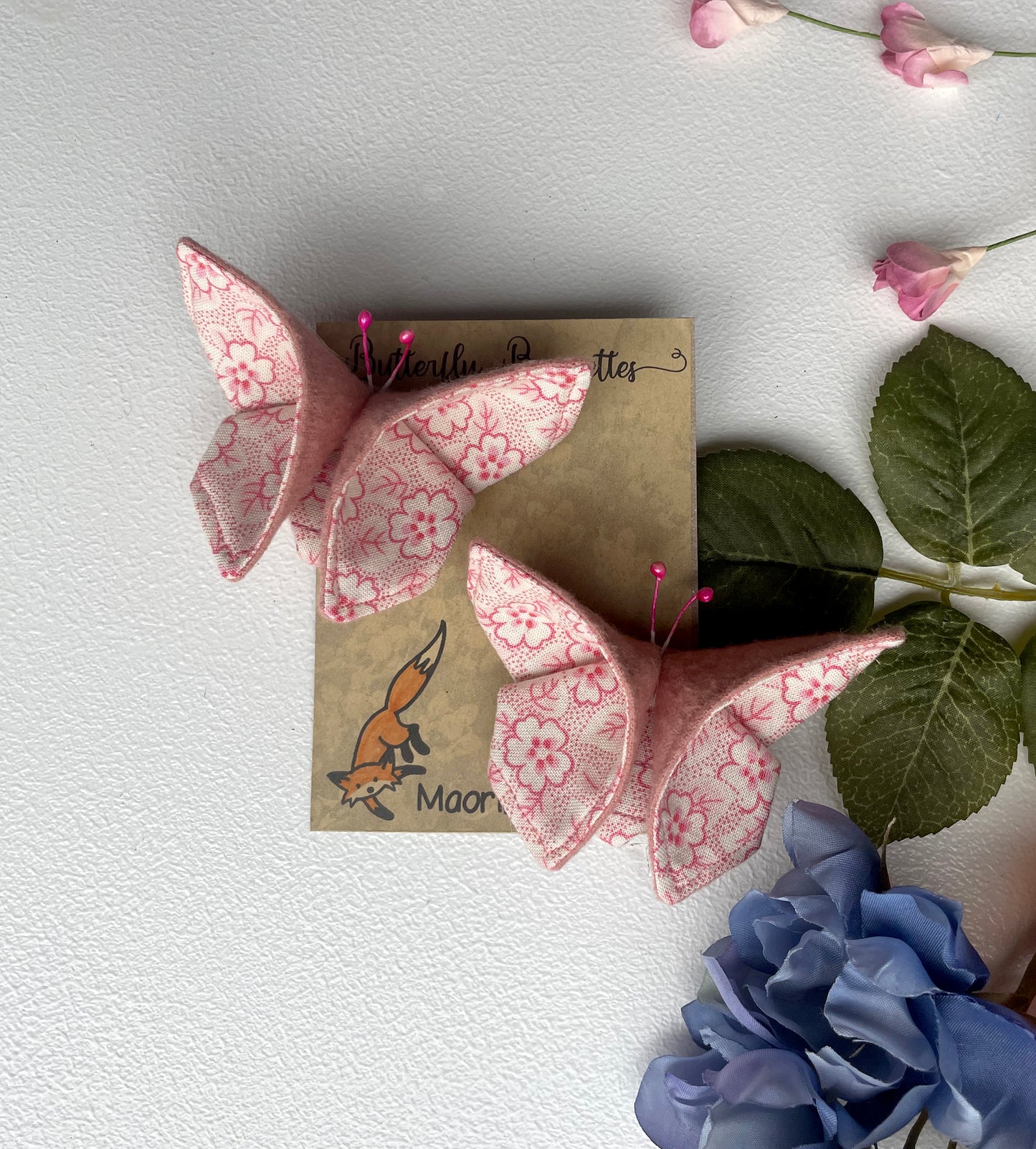 PINK Flowers Scrappy Butterfly Barrettes, Set of 2, Unique Barrettes, Children's Hair, One of a kind, Hair accessories, hair clips, flannel, cotton
