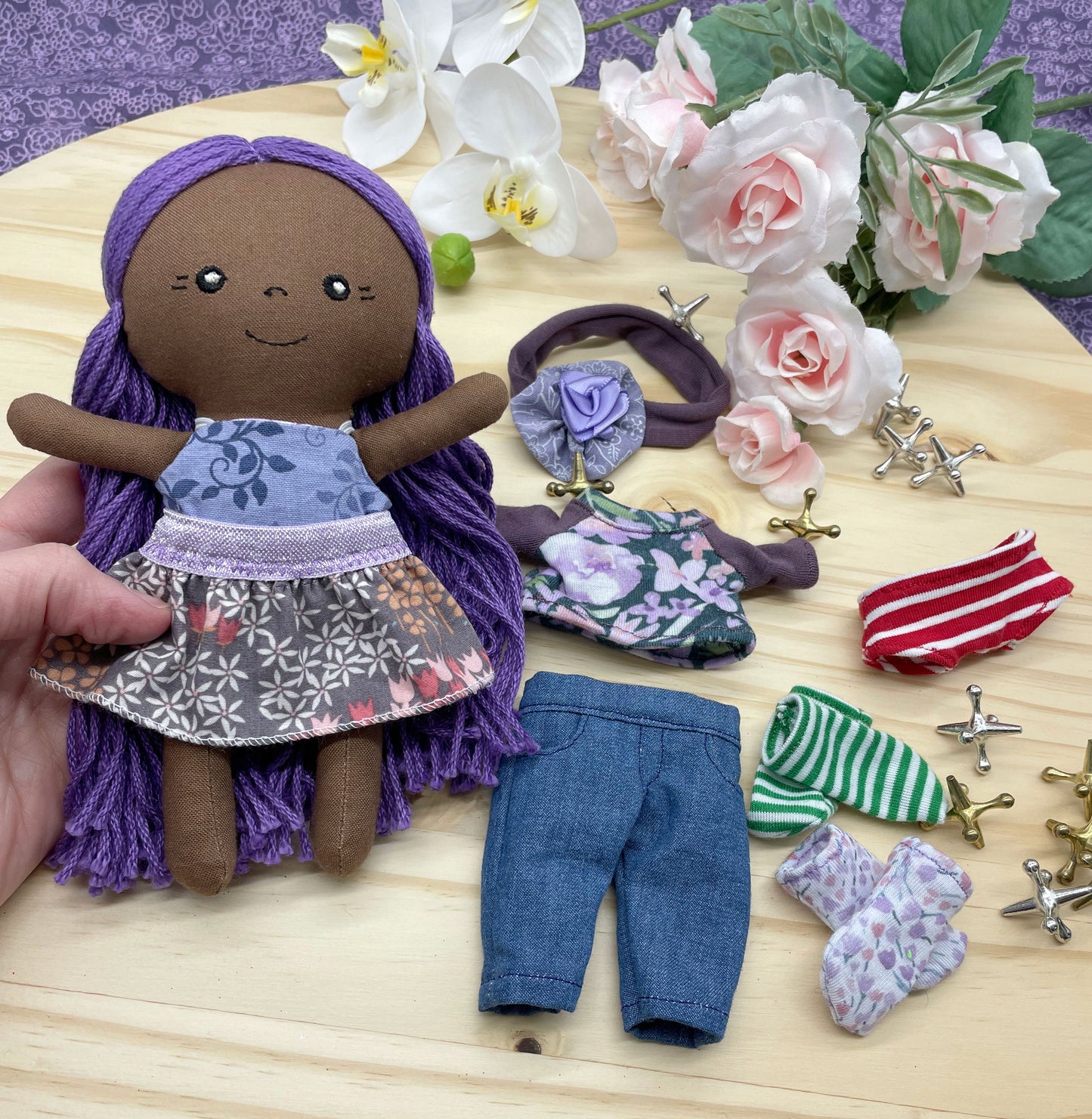 Small Handmade Doll with extra clothes, handmade, Purple hair, Accessories included, Gift, Diverse, heirloom, doll set, skirt, reversible