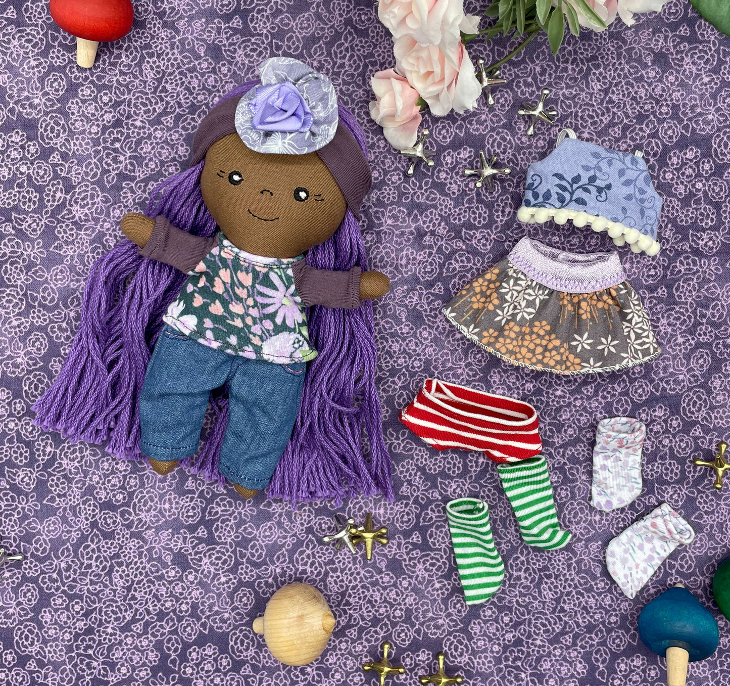 Small Handmade Doll with extra clothes, handmade, Purple hair, Accessories included, Gift, Diverse, heirloom, doll set, skirt, reversible