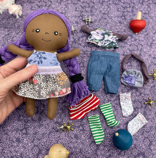 Small Handmade Doll with extra clothes, handmade, Purple hair, Accessories included, Gift, Diverse, heirloom, doll set, skirt, reversible