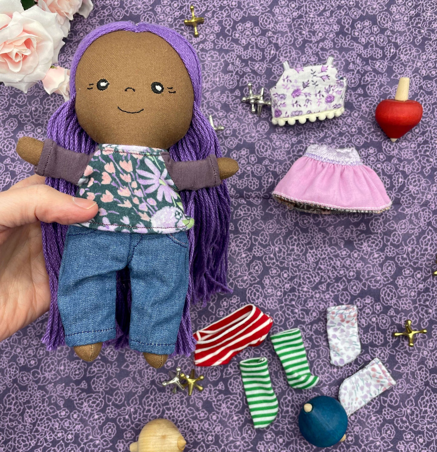Small Handmade Doll with extra clothes, handmade, Purple hair, Accessories included, Gift, Diverse, heirloom, doll set, skirt, reversible