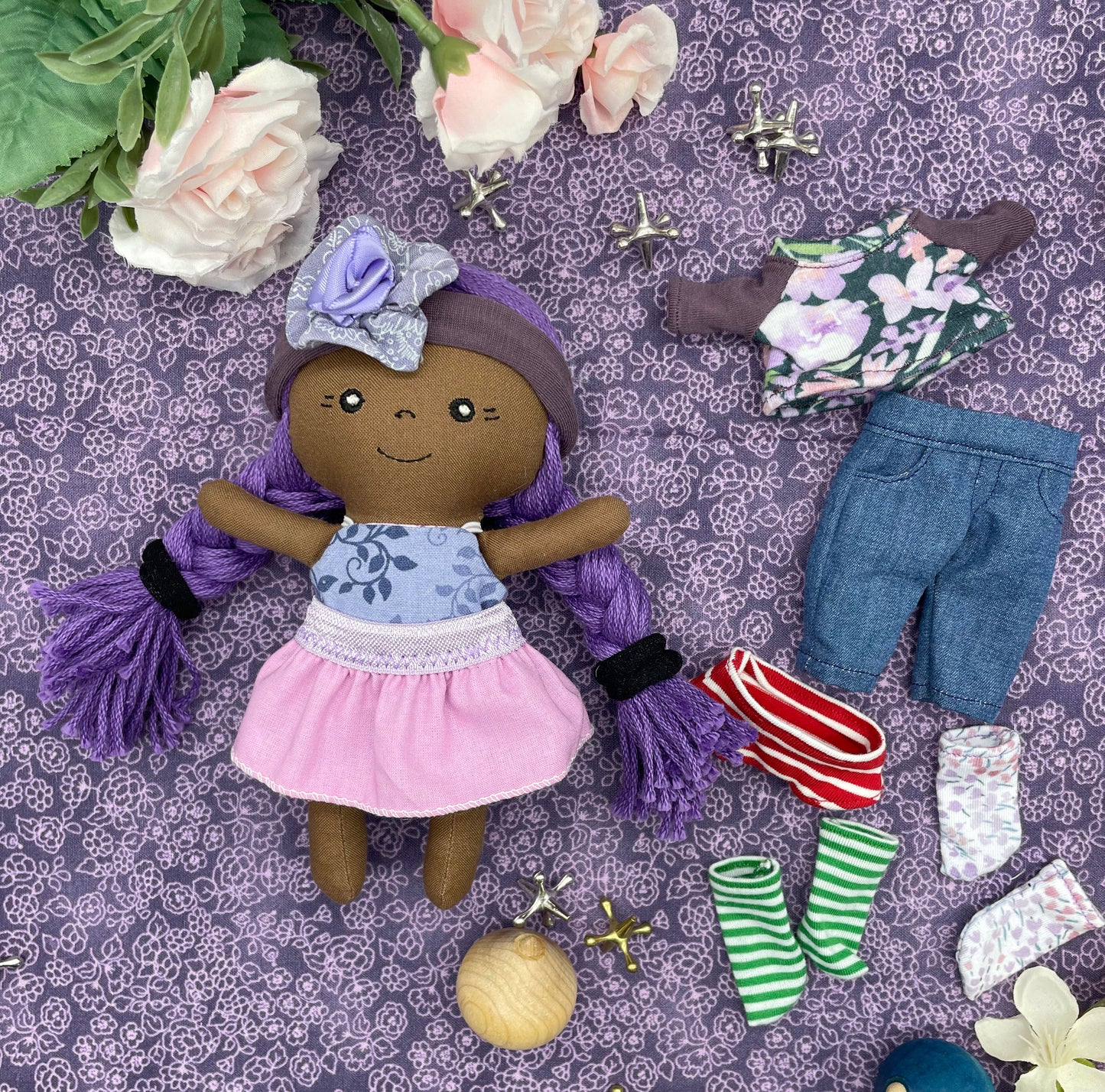 Small Handmade Doll with extra clothes, handmade, Purple hair, Accessories included, Gift, Diverse, heirloom, doll set, skirt, reversible