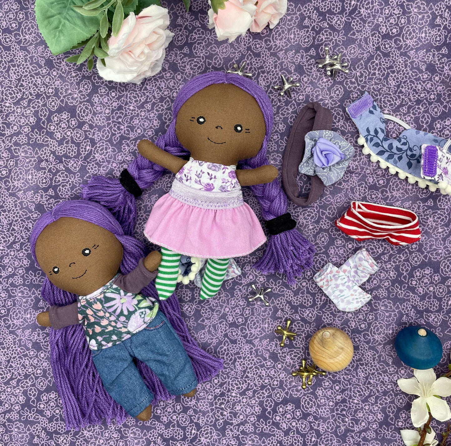 Small Handmade Doll with extra clothes, handmade, Purple hair, Accessories included, Gift, Diverse, heirloom, doll set, skirt, reversible