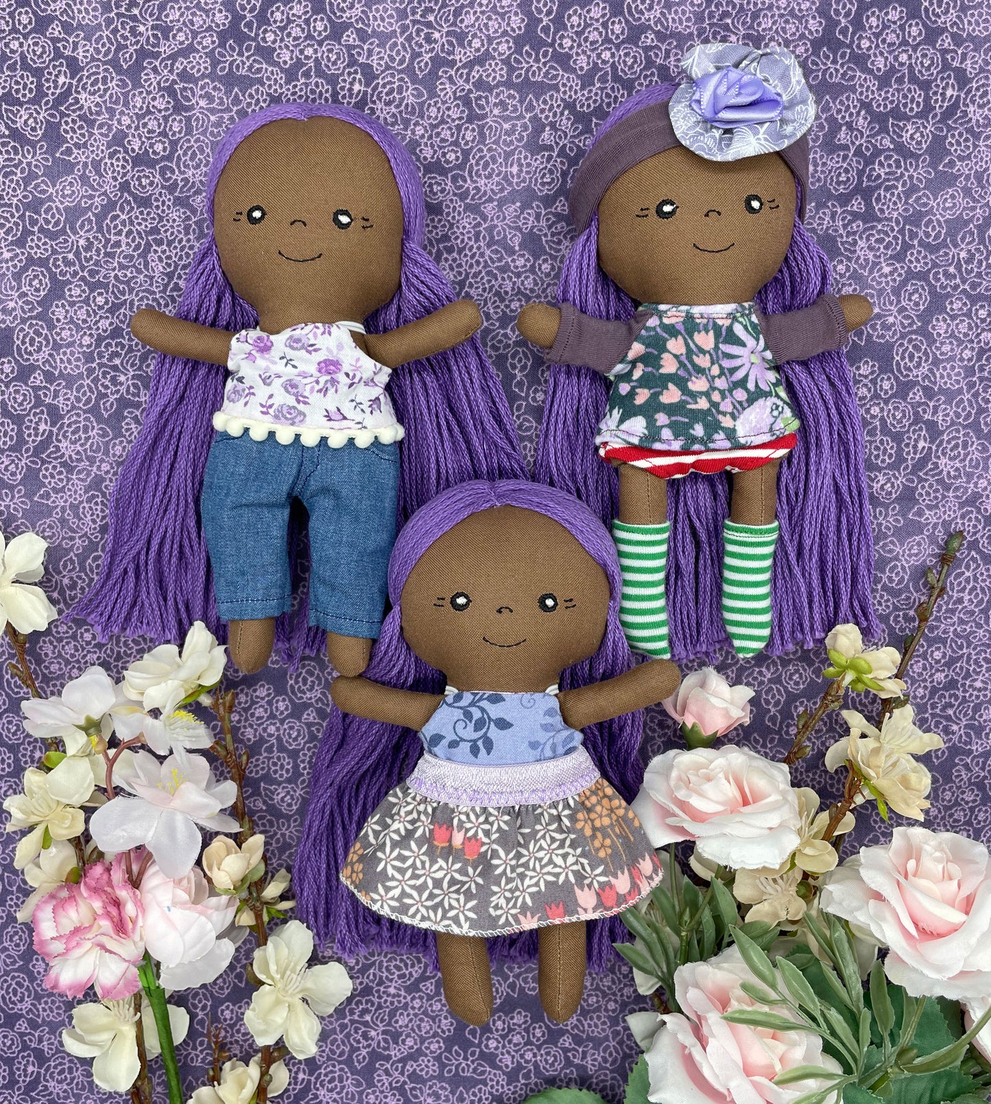 Small Handmade Doll with extra clothes, handmade, Purple hair, Accessories included, Gift, Diverse, heirloom, doll set, skirt, reversible