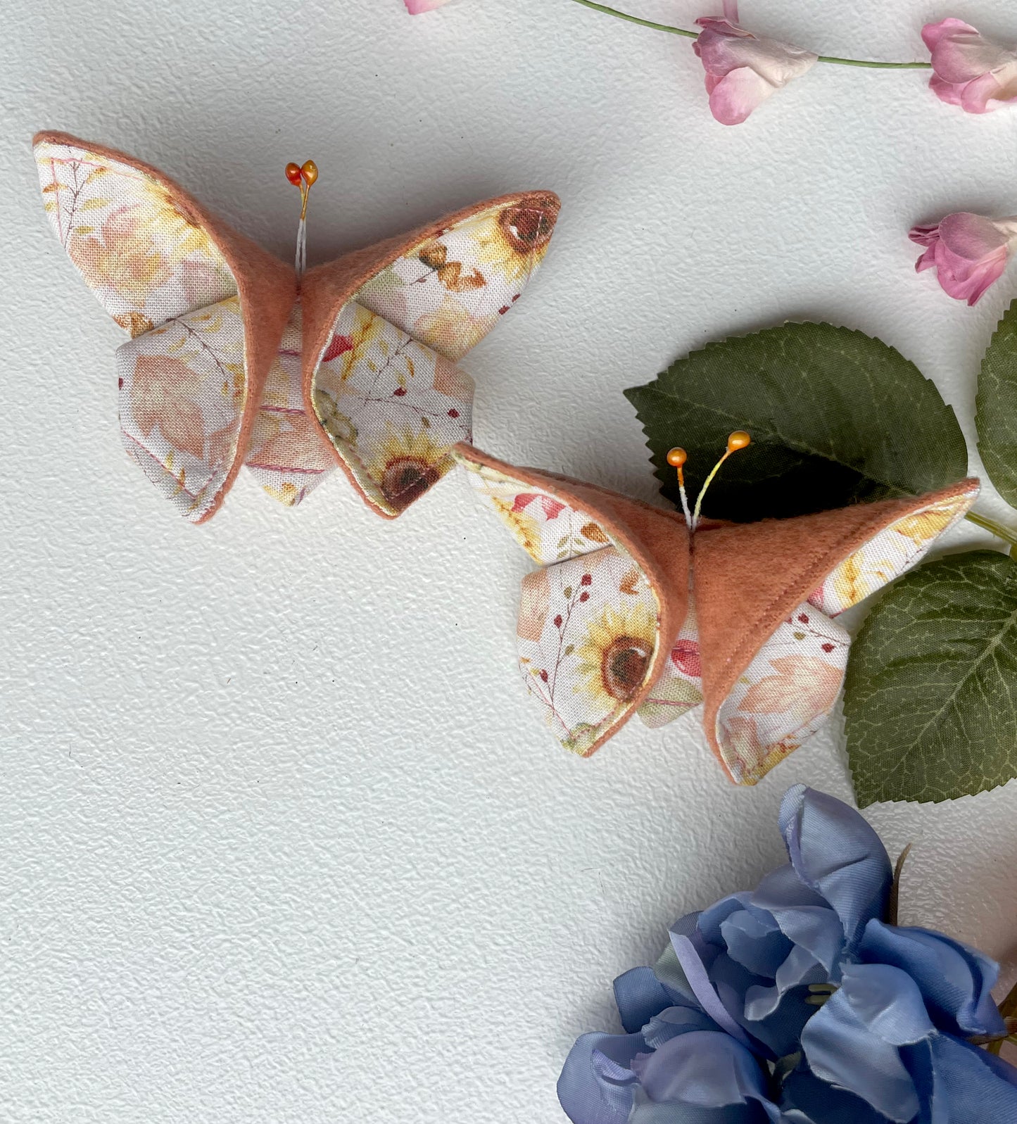 SALMON Sunflower Scrappy Butterfly Barrettes, Set of 2, Unique Barrettes, Children's Hair, One of a kind, Hair accessories, hair clips, flannel, cotton