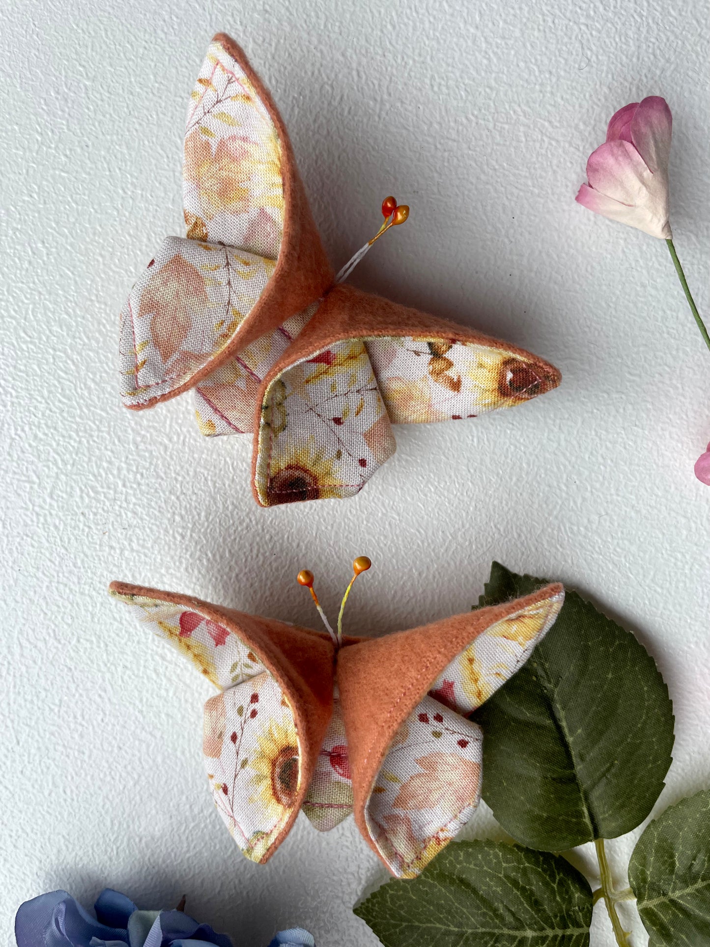 SALMON Sunflower Scrappy Butterfly Barrettes, Set of 2, Unique Barrettes, Children's Hair, One of a kind, Hair accessories, hair clips, flannel, cotton