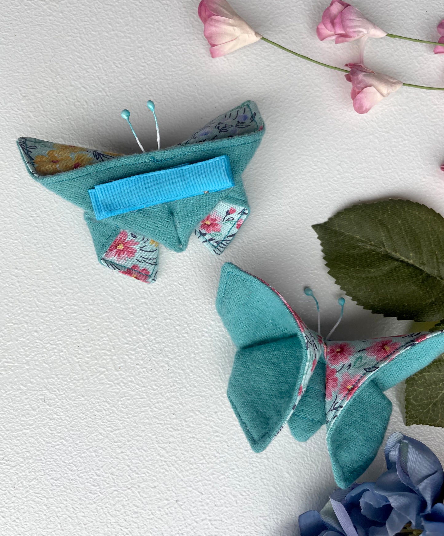 TEAL Flowers Scrappy Butterfly Barrettes, Set of 2, Unique Barrettes, Children's Hair, One of a kind, Hair accessories, hair clips, flannel, cotton