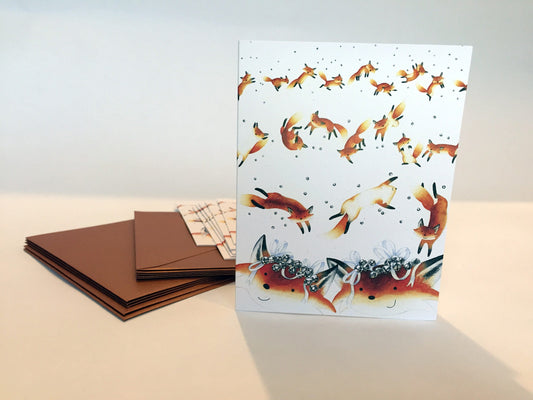 Jingle Foxes Note Cards - Set of ten, greeting card set, envelopes included, holiday card set, folded blank, Christmas card set, fox cards