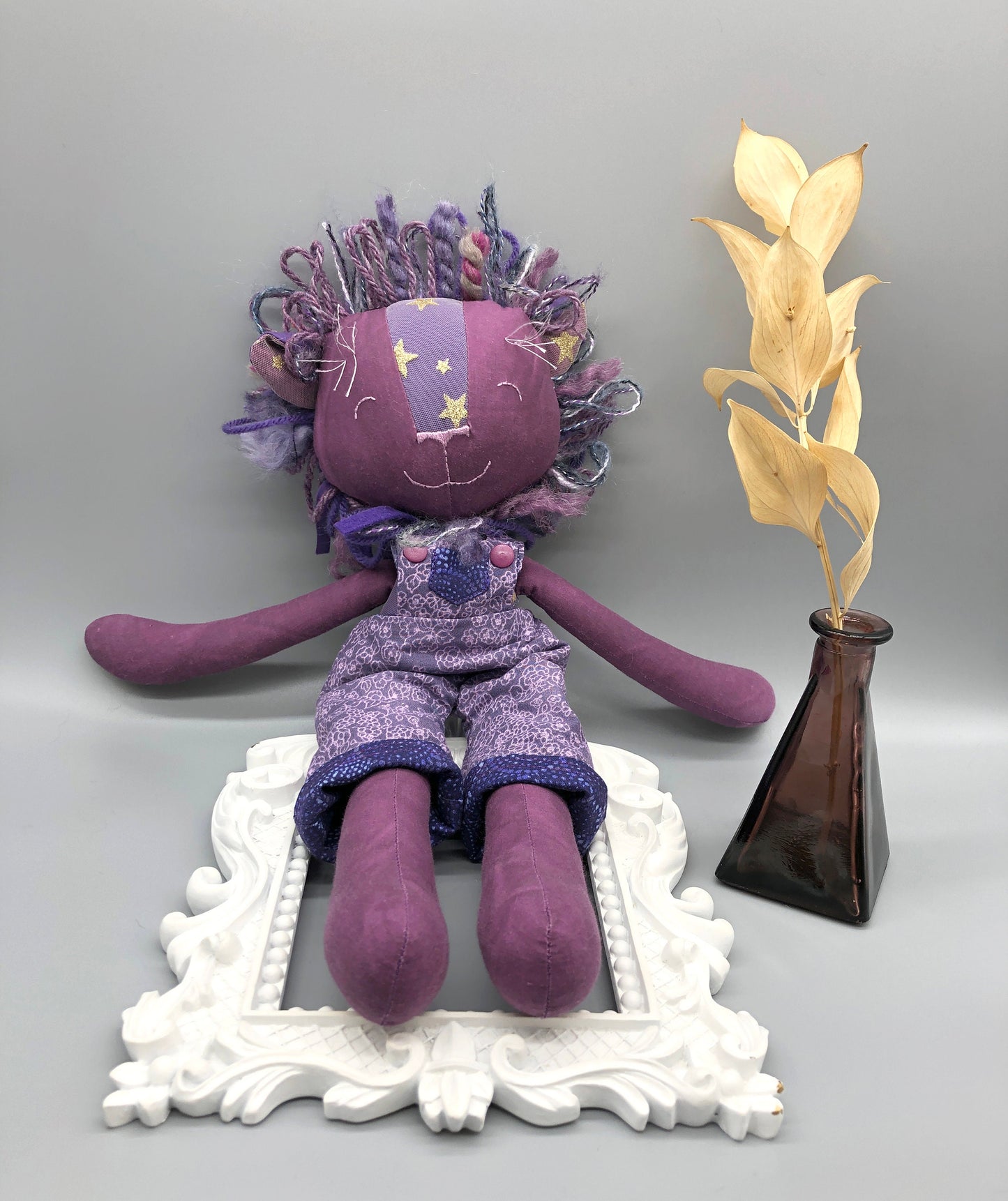 Reversible Handmade Lion Doll, "MELVIN", rag doll, lion doll, stuffed animal, stuffed lion, heirloom gift, purple, boy dolls, gift for kids