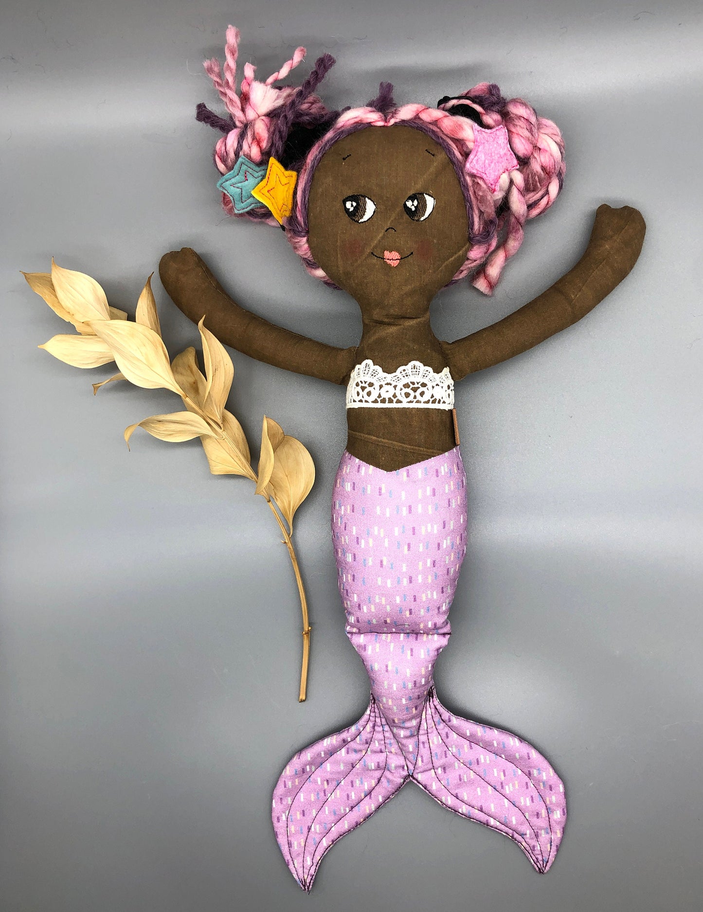 Handmade MERMAID Doll, "BRIONY", handmade gift, mermaid doll, black doll, bipoc doll, heirloom doll, fabric mermaid, muslin doll, rag doll