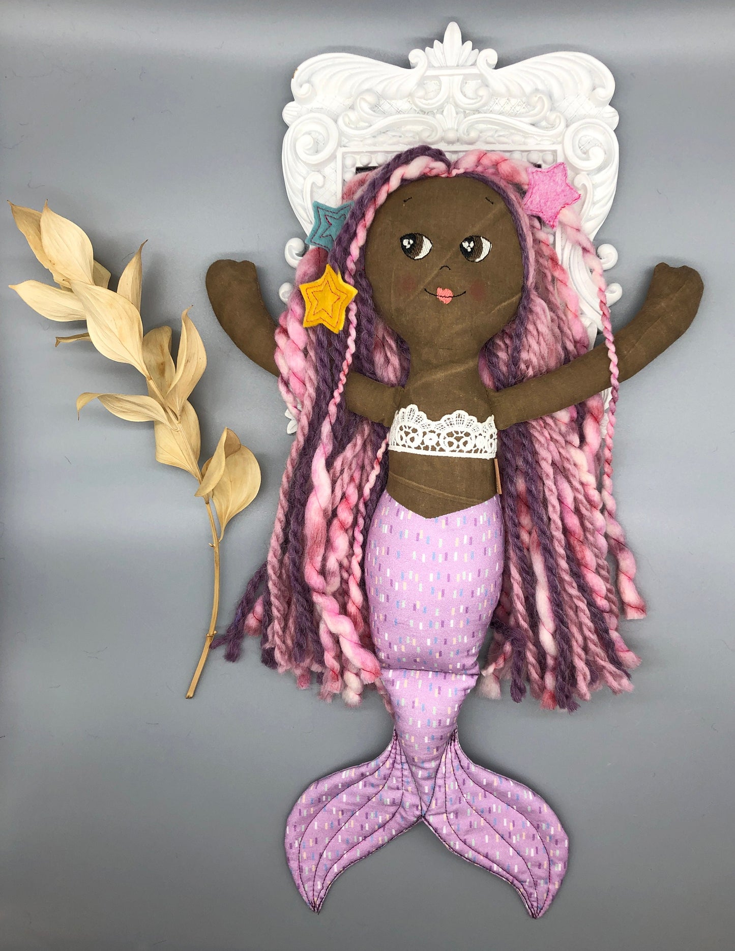Handmade MERMAID Doll, "BRIONY", handmade gift, mermaid doll, black doll, bipoc doll, heirloom doll, fabric mermaid, muslin doll, rag doll