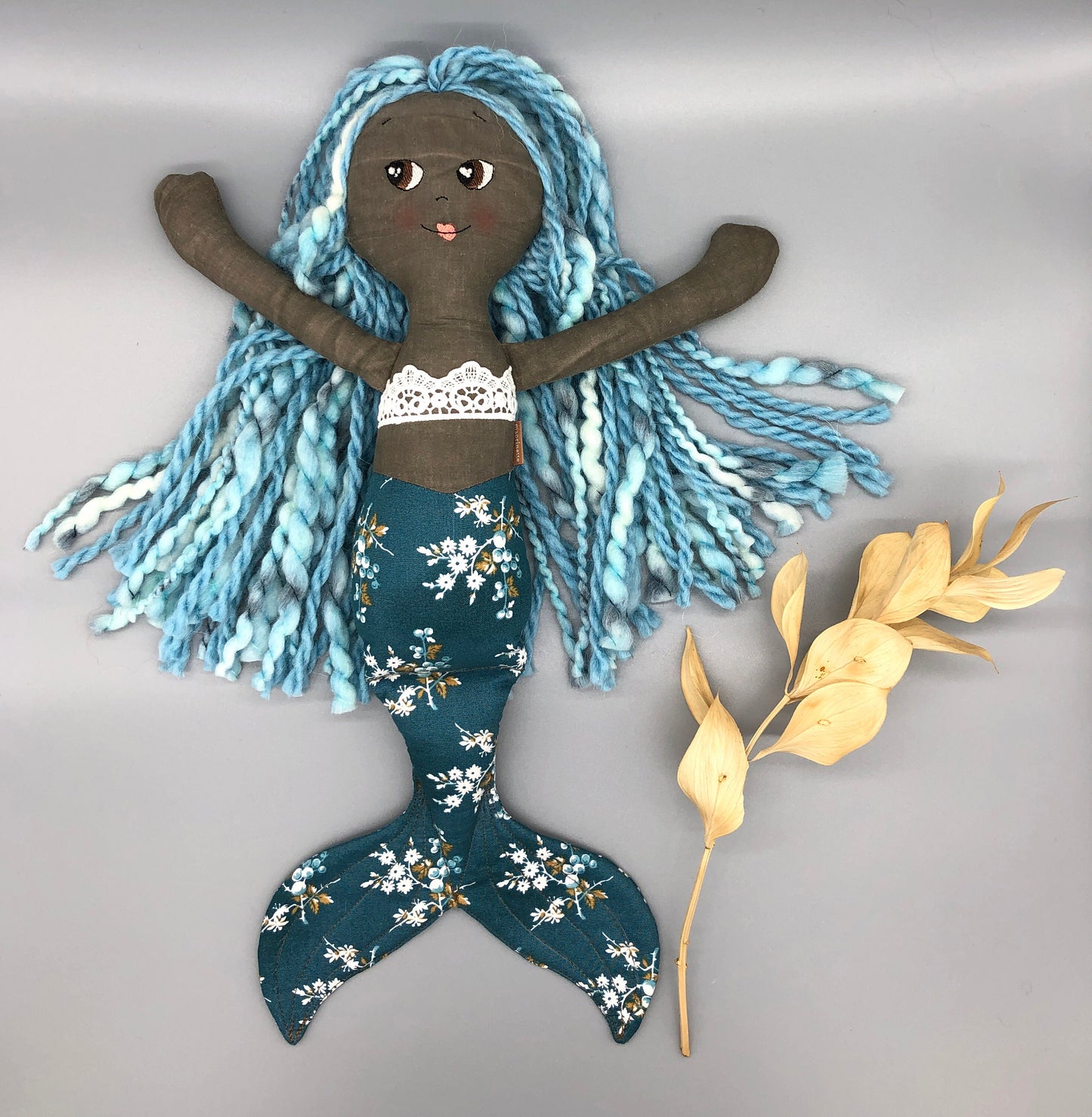 Handmade MERMAID Doll, "CORALIA", handmade gift, mermaid doll, black doll, bipoc doll, heirloom doll, mermaid toy, muslin doll, rag doll