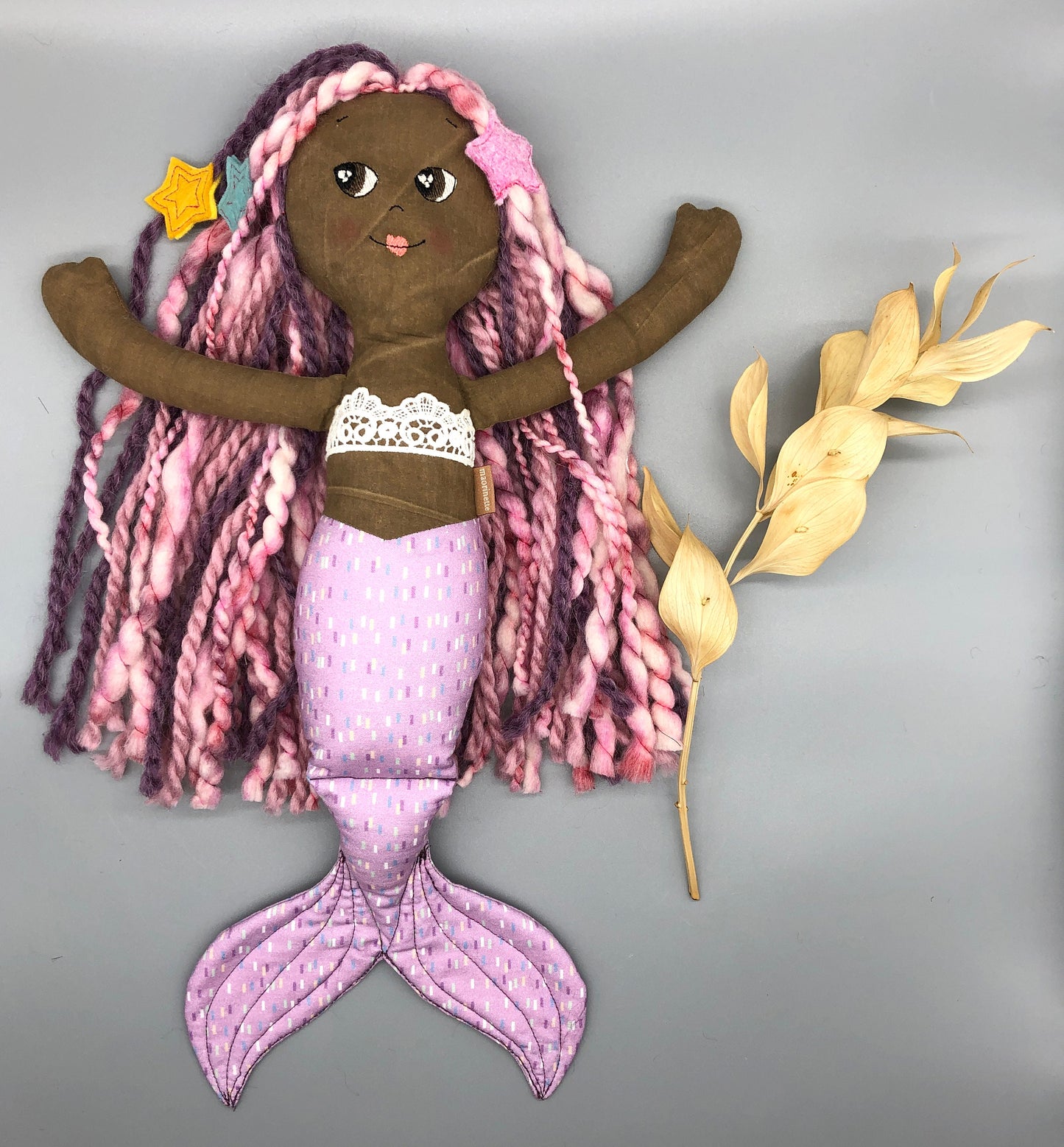 Handmade MERMAID Doll, "BRIONY", handmade gift, mermaid doll, black doll, bipoc doll, heirloom doll, fabric mermaid, muslin doll, rag doll
