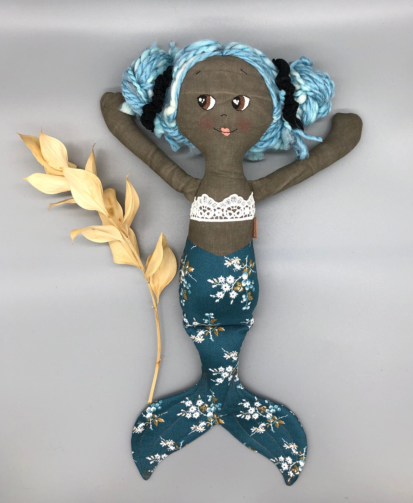 Handmade MERMAID Doll, "CORALIA", handmade gift, mermaid doll, black doll, bipoc doll, heirloom doll, mermaid toy, muslin doll, rag doll