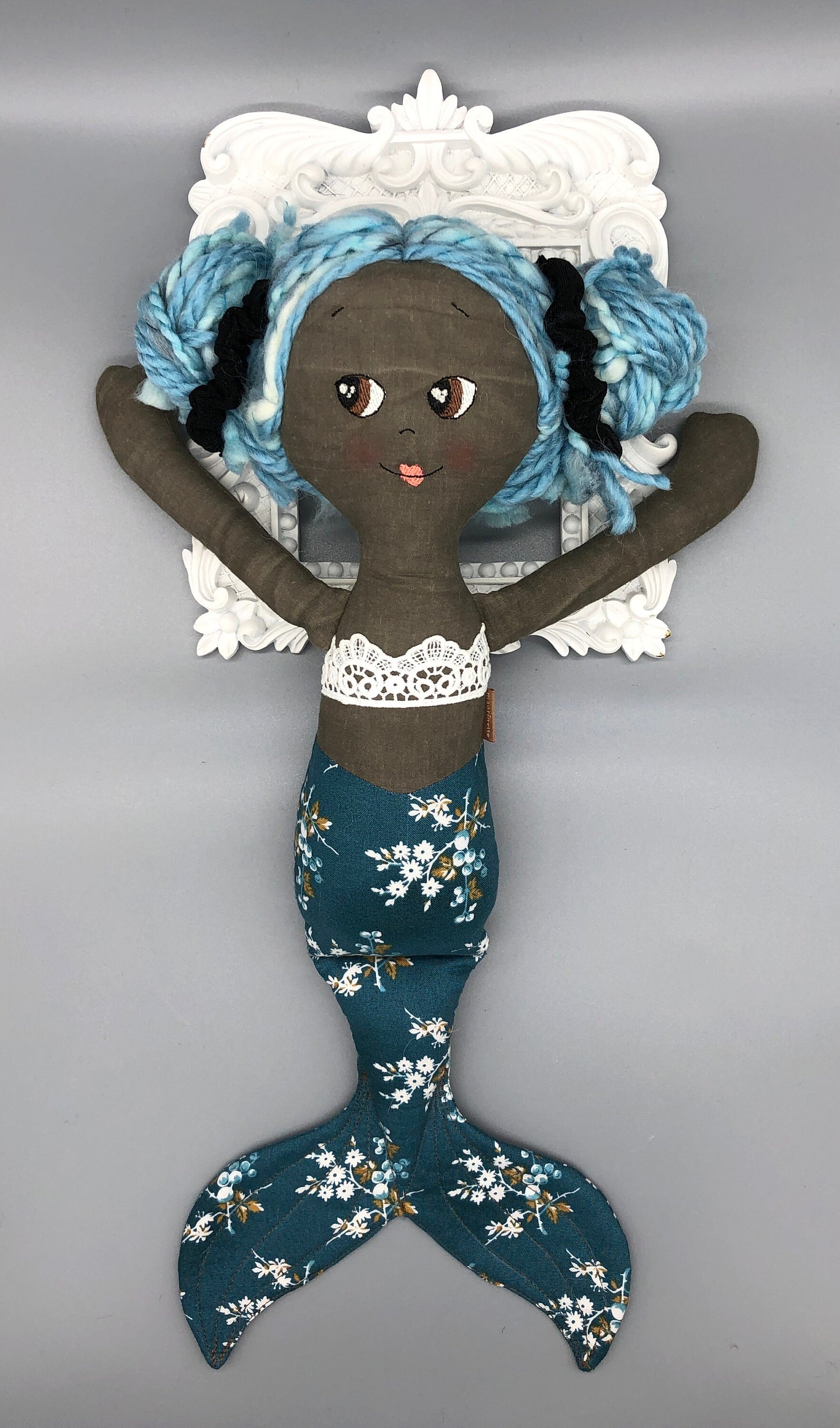 Handmade MERMAID Doll, "CORALIA", handmade gift, mermaid doll, black doll, bipoc doll, heirloom doll, mermaid toy, muslin doll, rag doll