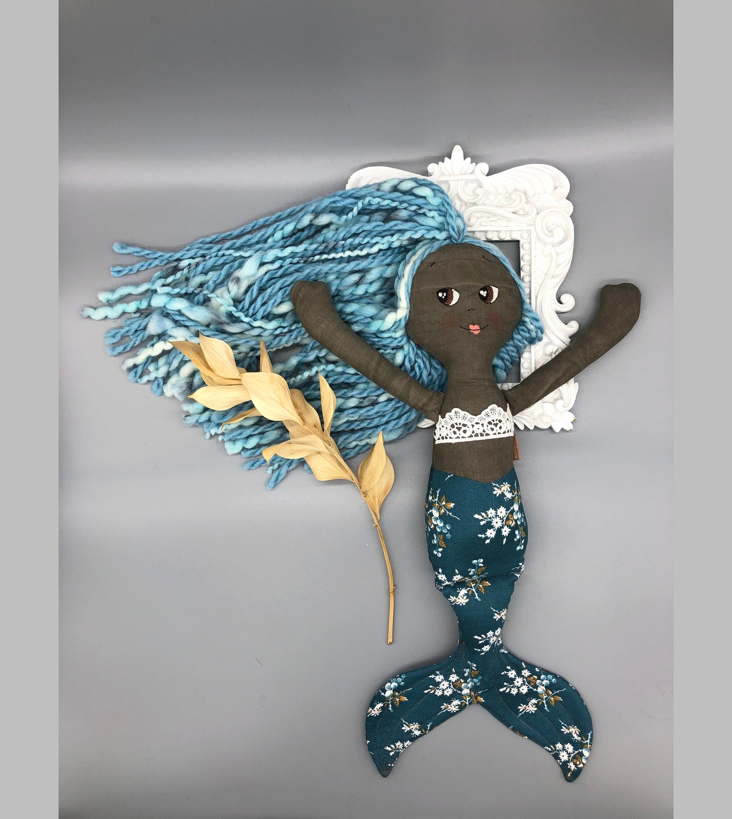 Handmade MERMAID Doll, "CORALIA", handmade gift, mermaid doll, black doll, bipoc doll, heirloom doll, mermaid toy, muslin doll, rag doll