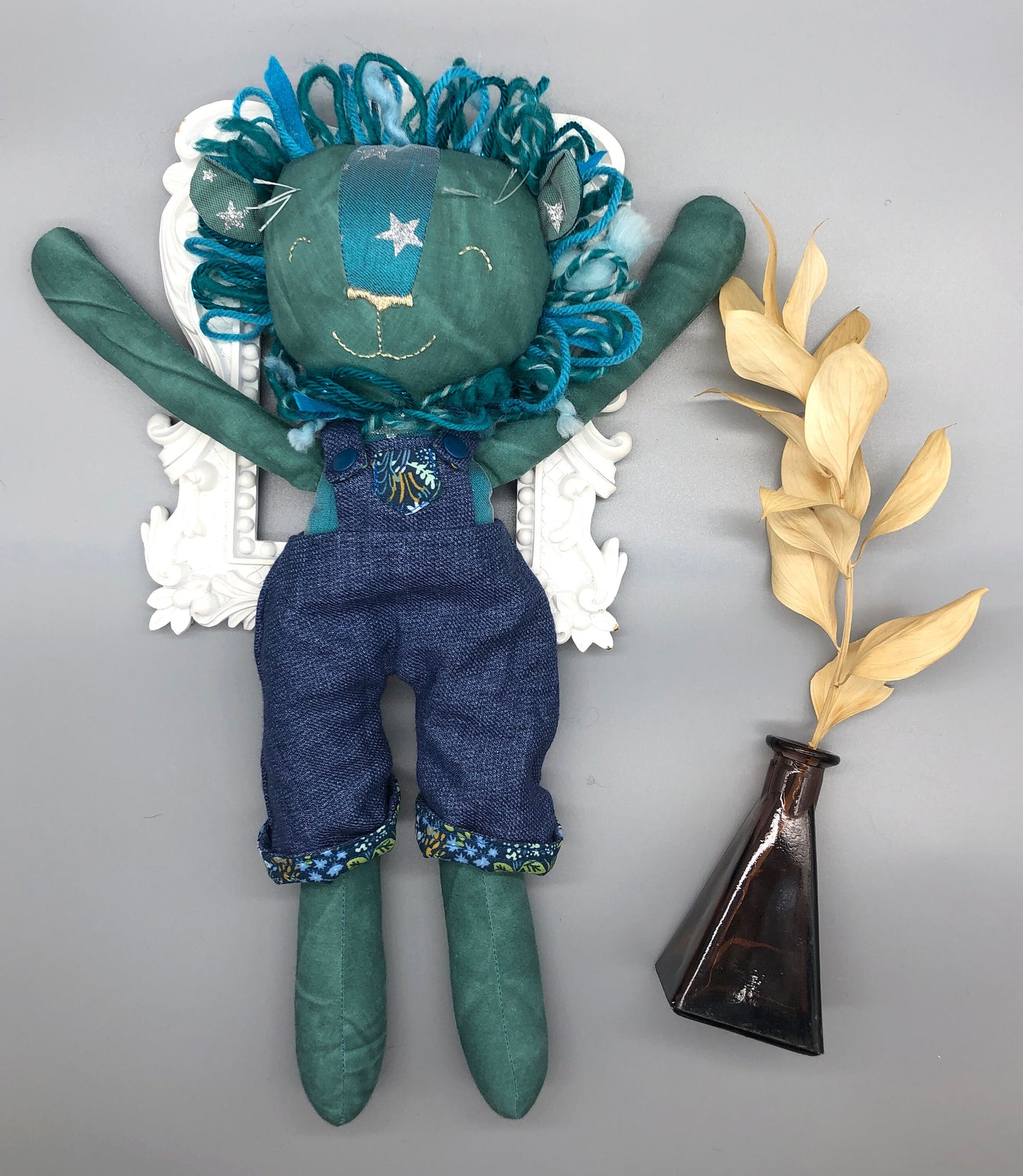 Handmade BLUE Lion Doll, "SUNIL", doll, rag doll, lion doll, lion stuffed animal, stuffed lion, heirloom gift, blue lion, lion toy, boy doll