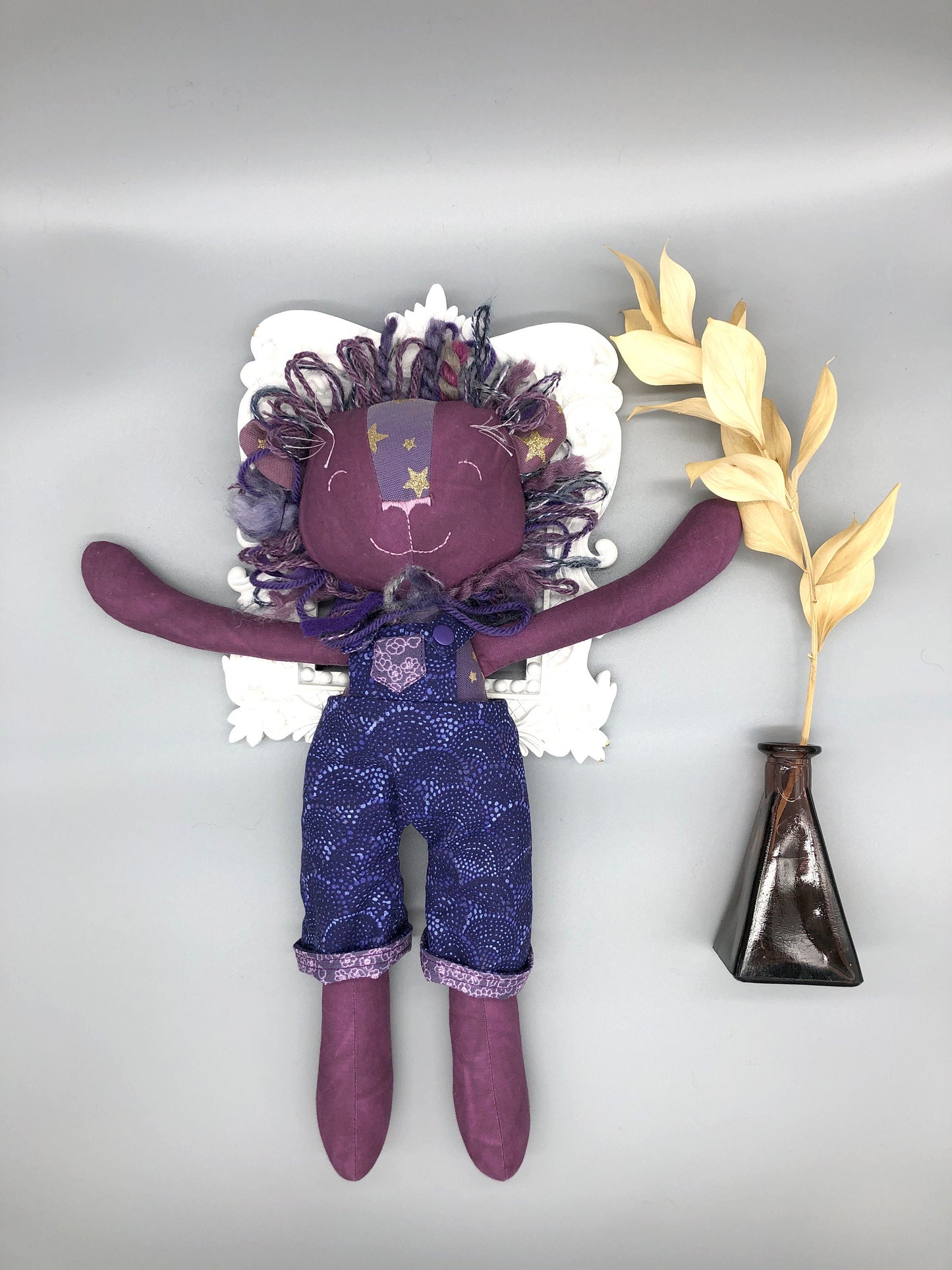 Reversible Handmade Lion Doll, "MELVIN", rag doll, lion doll, stuffed animal, stuffed lion, heirloom gift, purple, boy dolls, gift for kids
