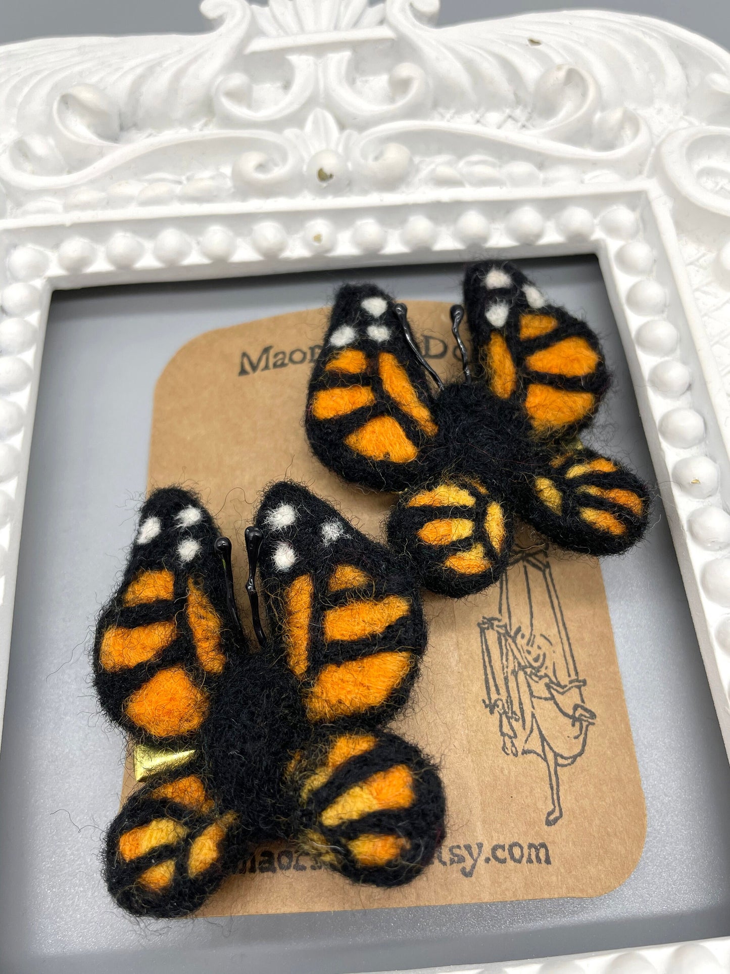 Needle Felted Monarch Butterfly Barrettes, One of a kind, Pair, Unique Barrettes, Children's Hair, Hair accessories, hair clips, wool felted
