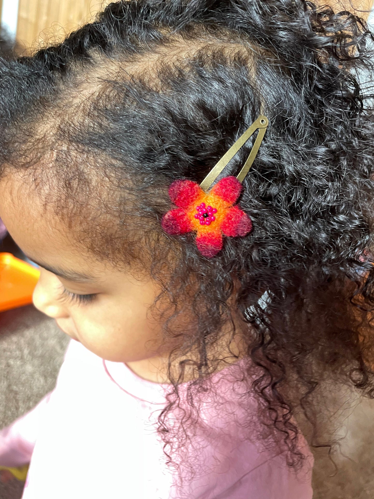 Needle Felted Flower Barrettes, Pair, handmade, Children's Hair, Hair accessories, hair clips, wool felted, snap clip, pretty barrette