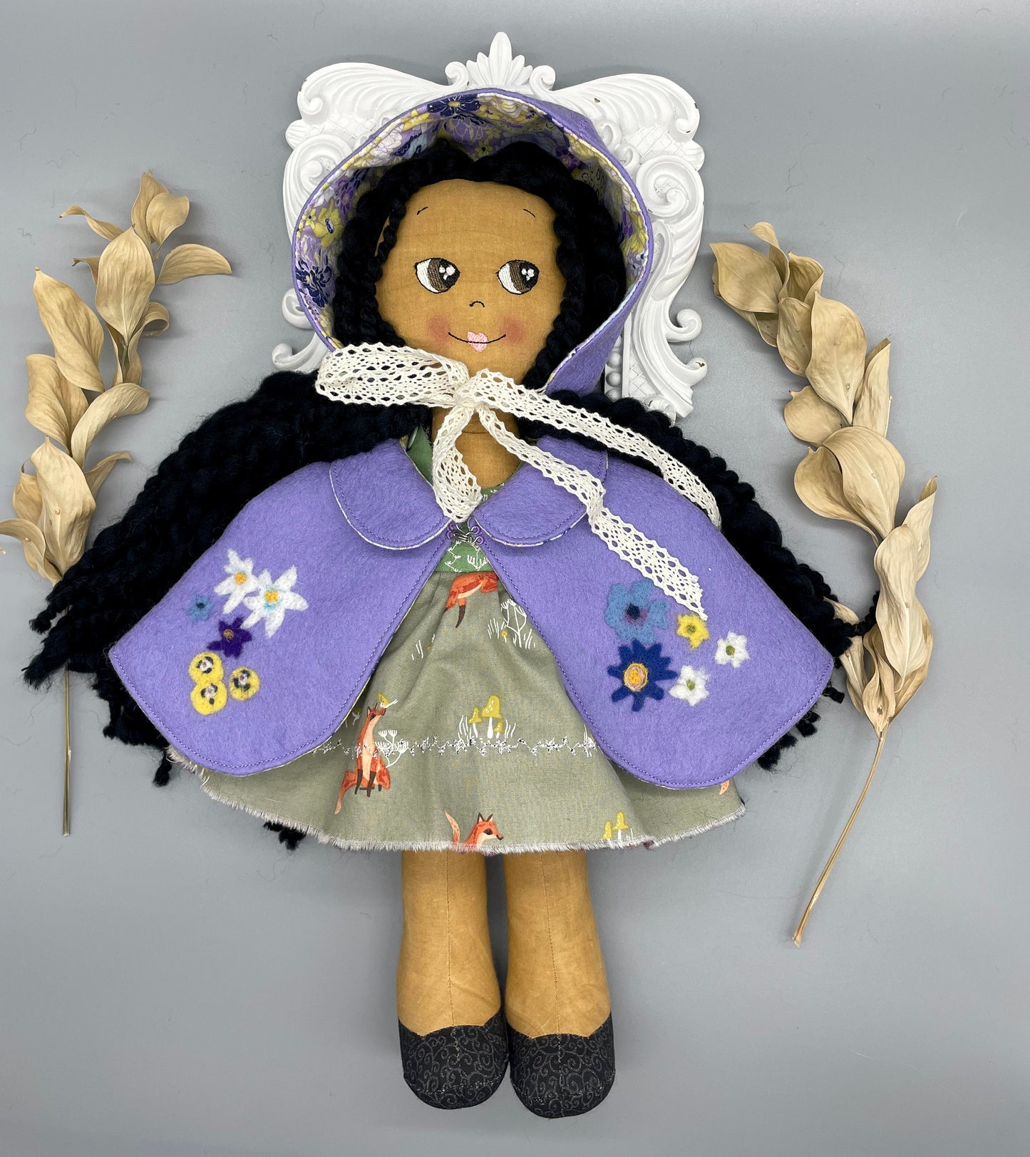 REVERSIBLE DRESS, Handmade Doll, "NOEL", handmade gift, cloth, fabric doll, black doll, diverse doll, heirloom doll, Brown Muslin, holiday