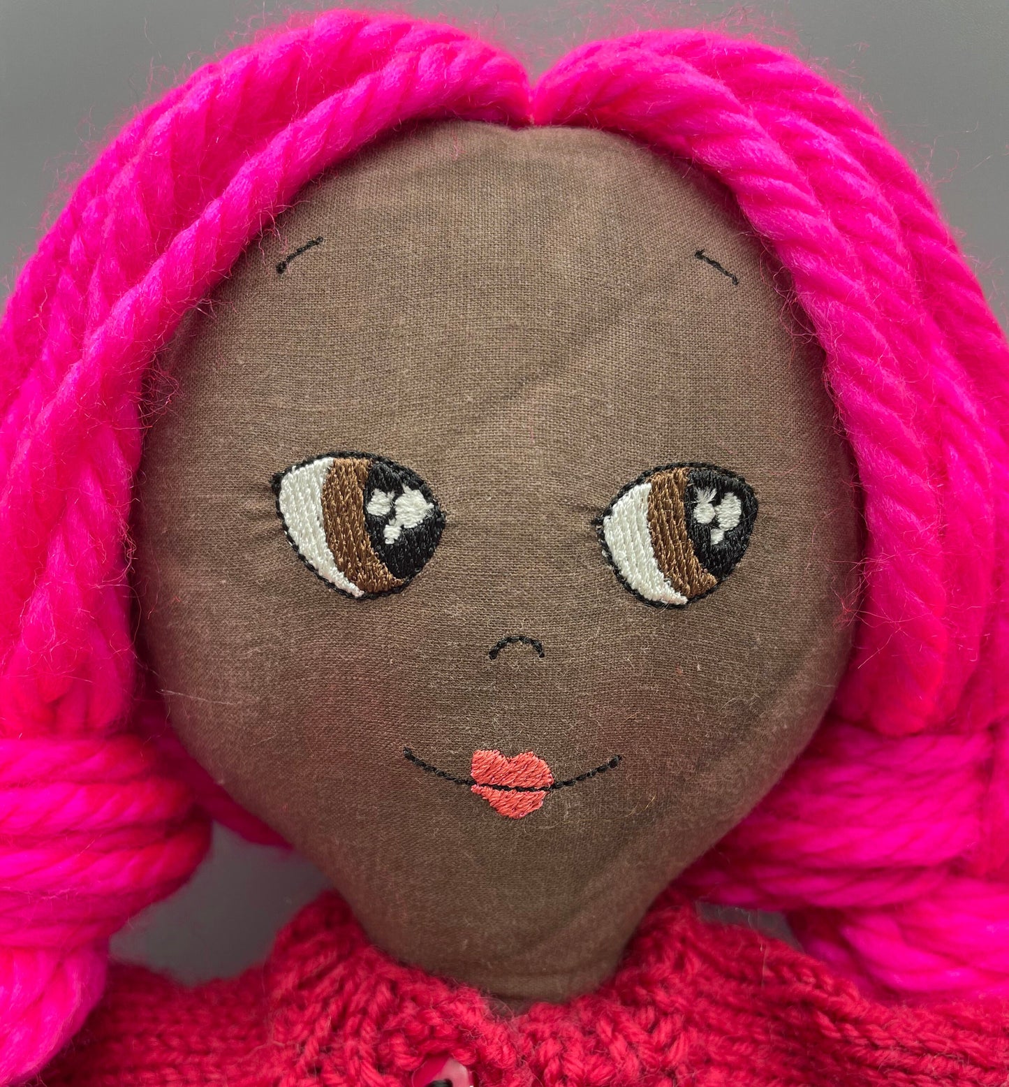 REVERSIBLE DRESS, Handmade Doll, "MILLY", handmade gift, hot pink, fabric doll, black doll, diverse doll, heirloom doll, Brown Muslin
