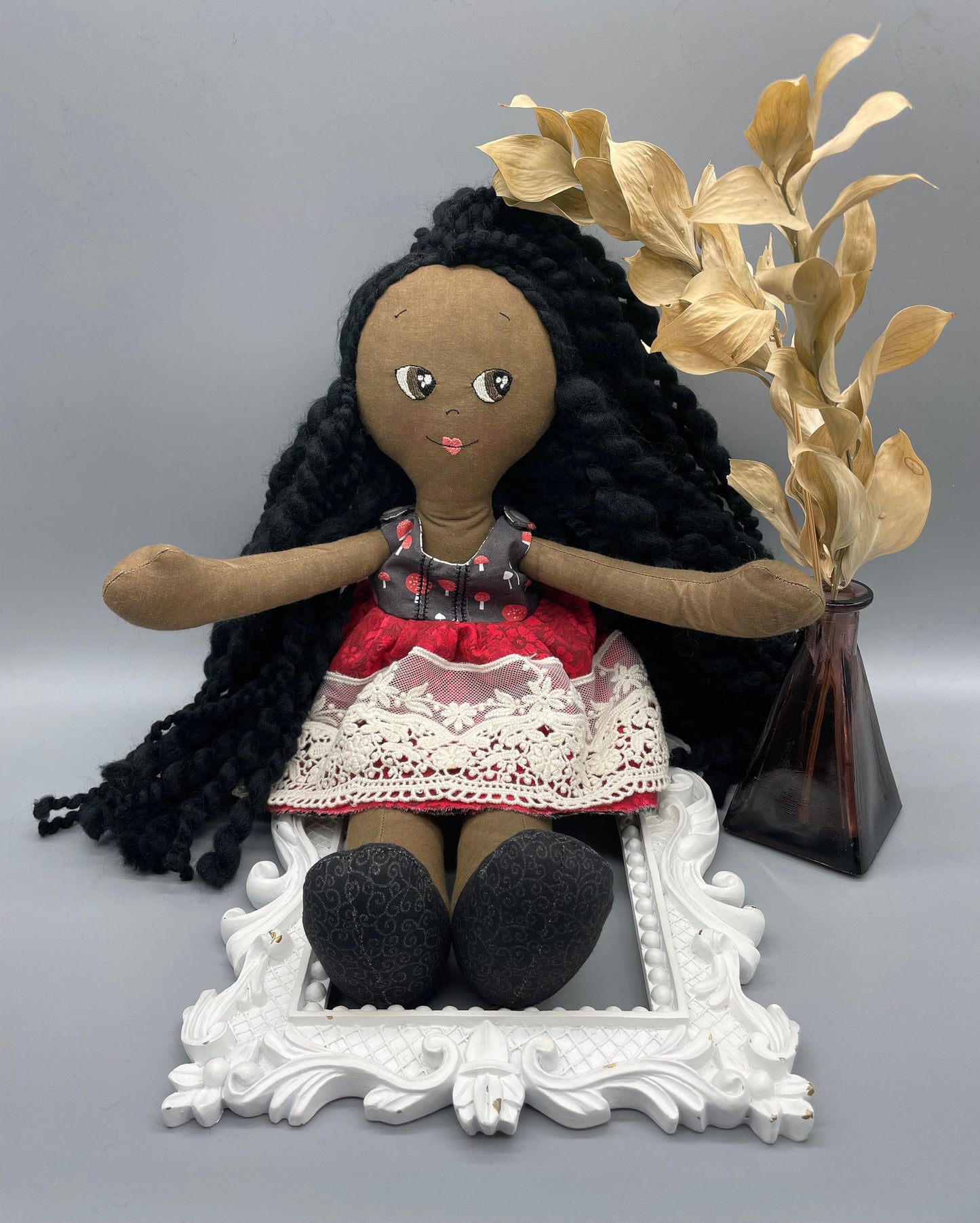 REVERSIBLE DRESS, Handmade Doll, "GRETA", handmade gift, cloth doll, fabric doll, black doll, diverse doll, heirloom doll, Brown Muslin