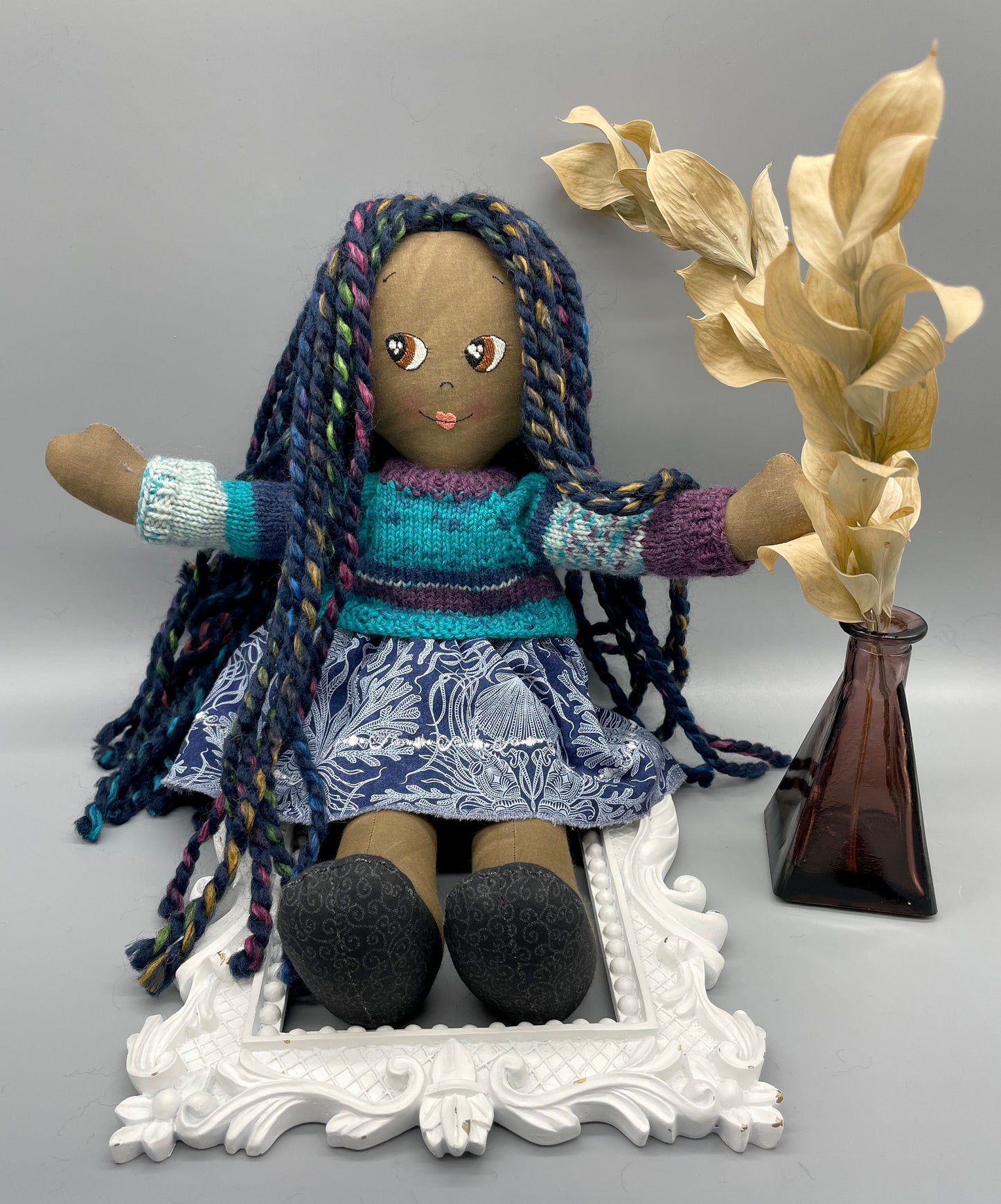 REVERSIBLE DRESS, Handmade Doll, "JOSIE", handmade gift, cloth doll, fabric doll, black doll, diverse doll, heirloom doll, Brown Muslin