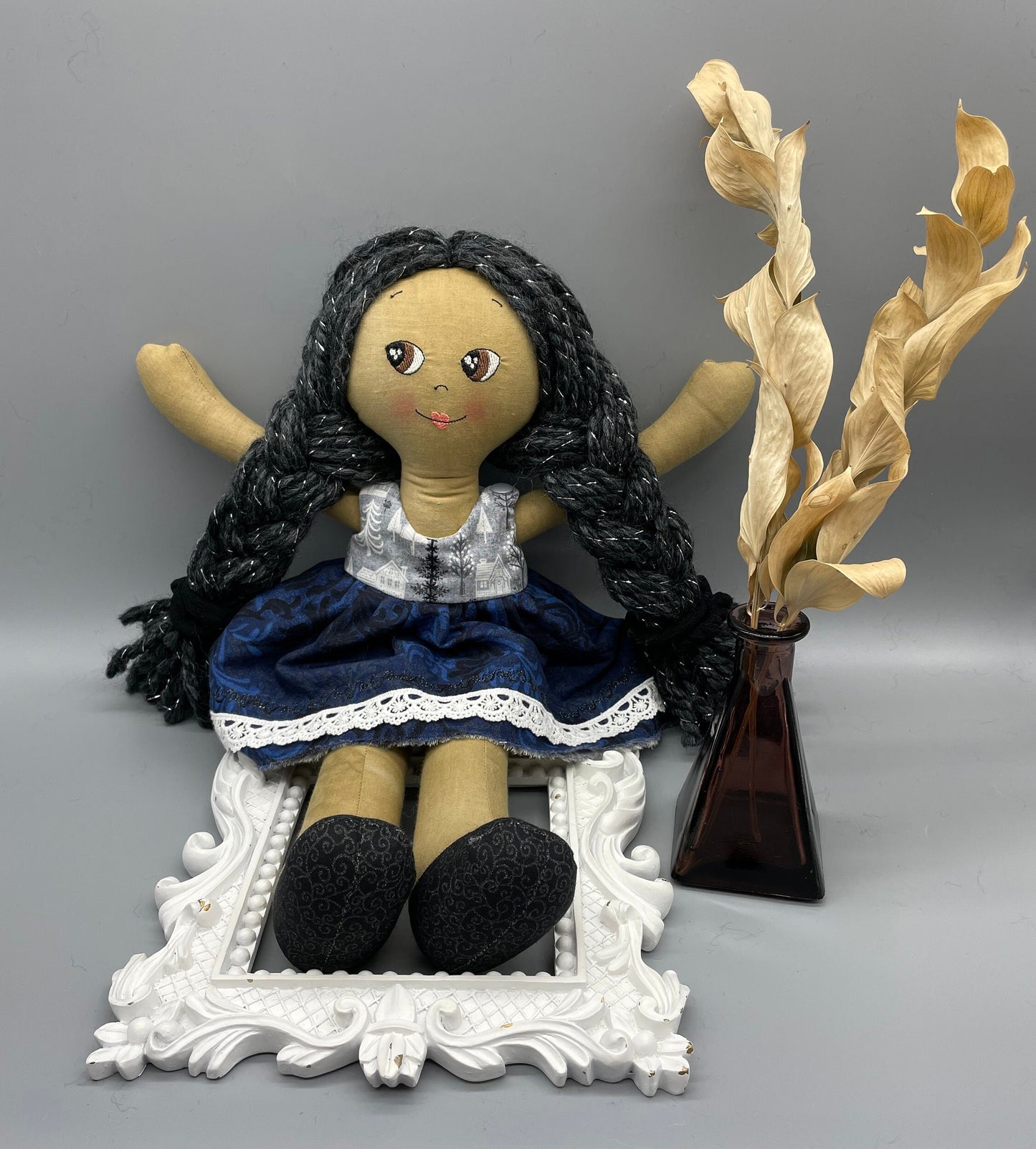 REVERSIBLE DRESS, Handmade Doll, "HATTIE", handmade gift, cloth doll, fabric doll, black doll, diverse doll, heirloom doll, Brown Muslin