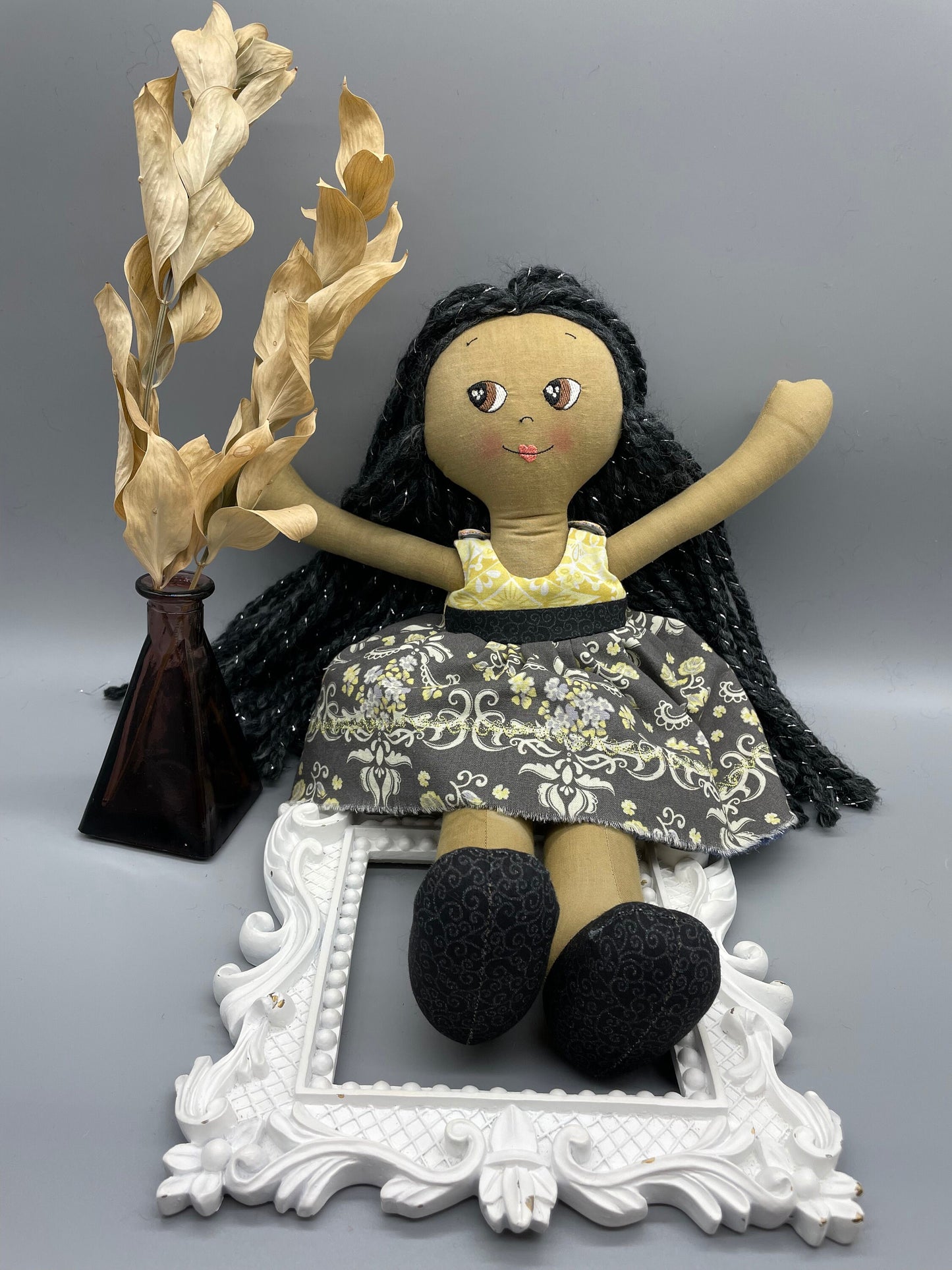 REVERSIBLE DRESS, Handmade Doll, "HATTIE", handmade gift, cloth doll, fabric doll, black doll, diverse doll, heirloom doll, Brown Muslin