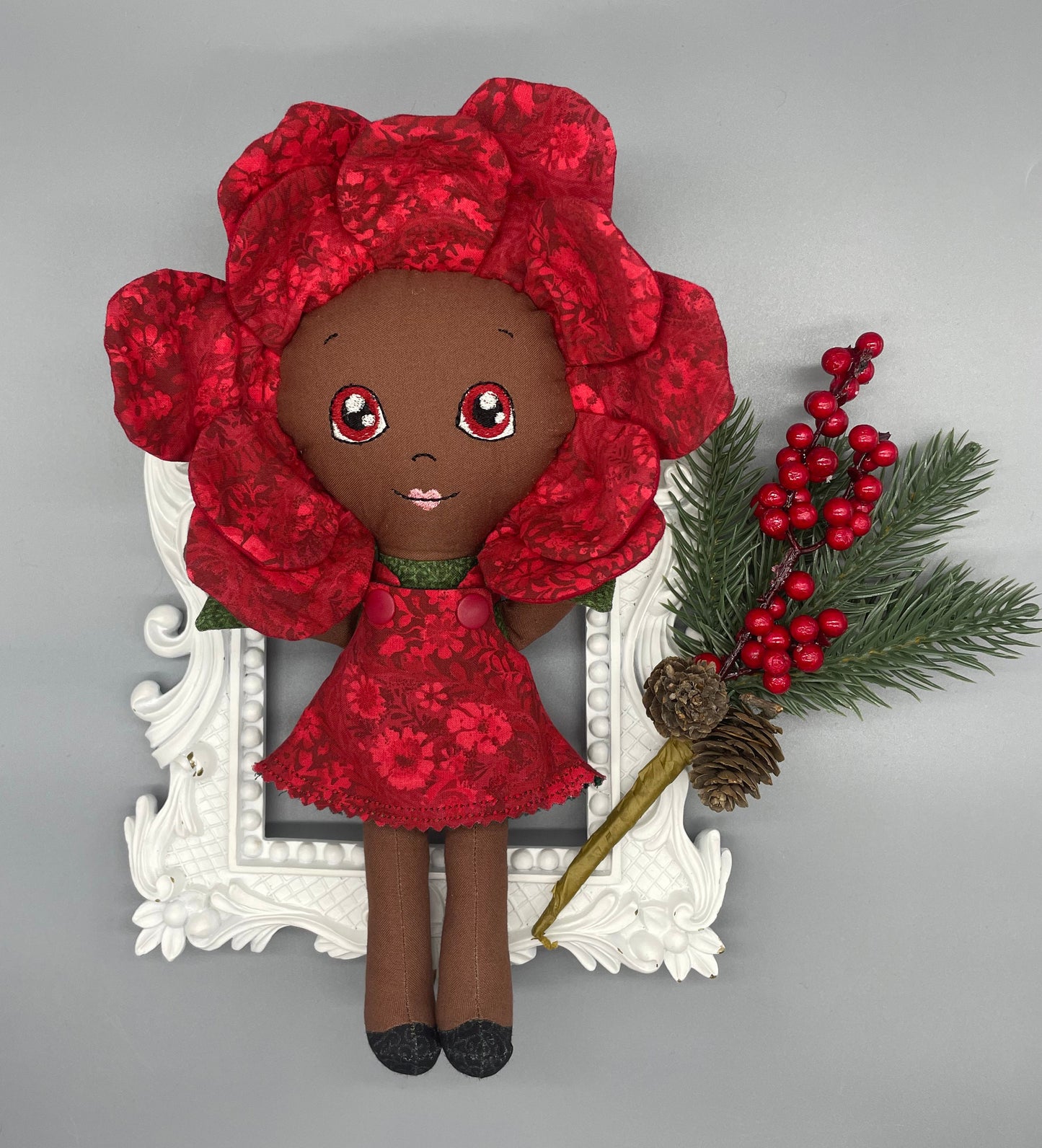FLOWER DOLL, VALENTINE ROSE doll, Black Doll, Posable petals doll, Handmade, reversible dress, Roses, diverse, easter, heirloom doll, flower girl