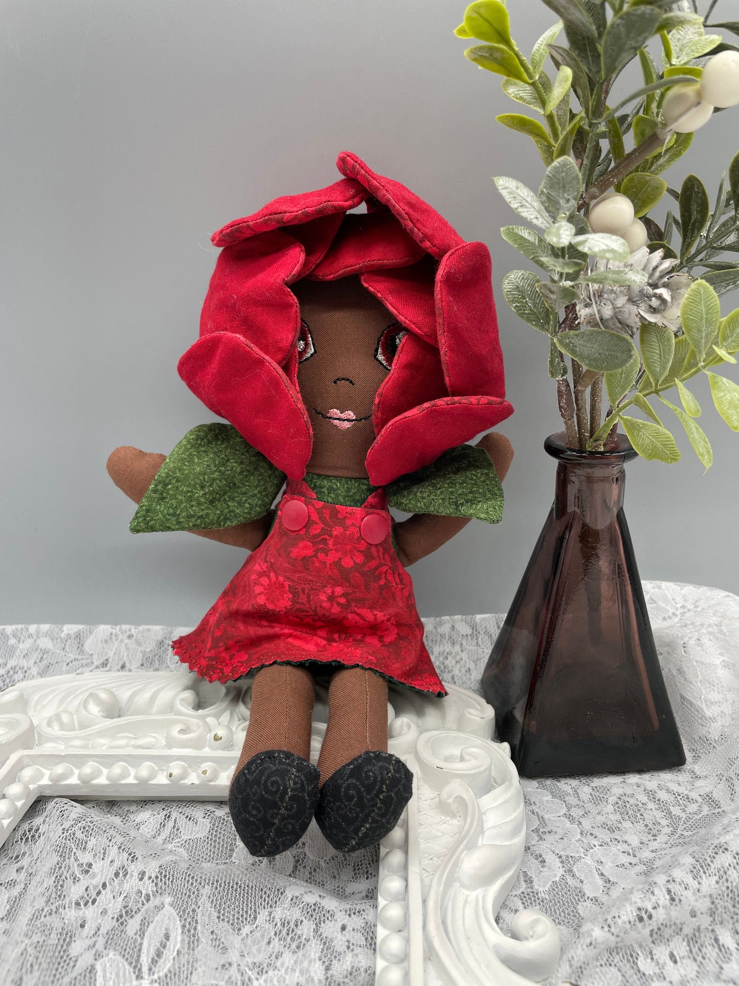 FLOWER DOLL, VALENTINE ROSE doll, Black Doll, Posable petals doll, Handmade, reversible dress, Roses, diverse, easter, heirloom doll, flower girl