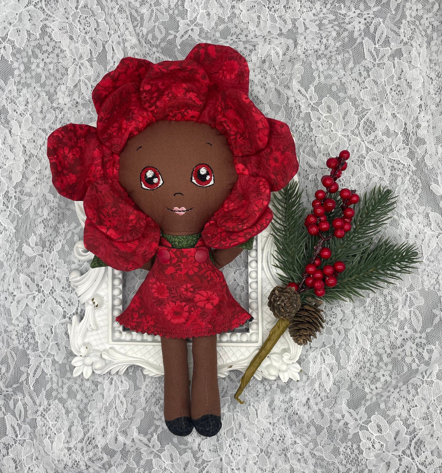 FLOWER DOLL, VALENTINE ROSE doll, Black Doll, Posable petals doll, Handmade, reversible dress, Roses, diverse, easter, heirloom doll, flower girl