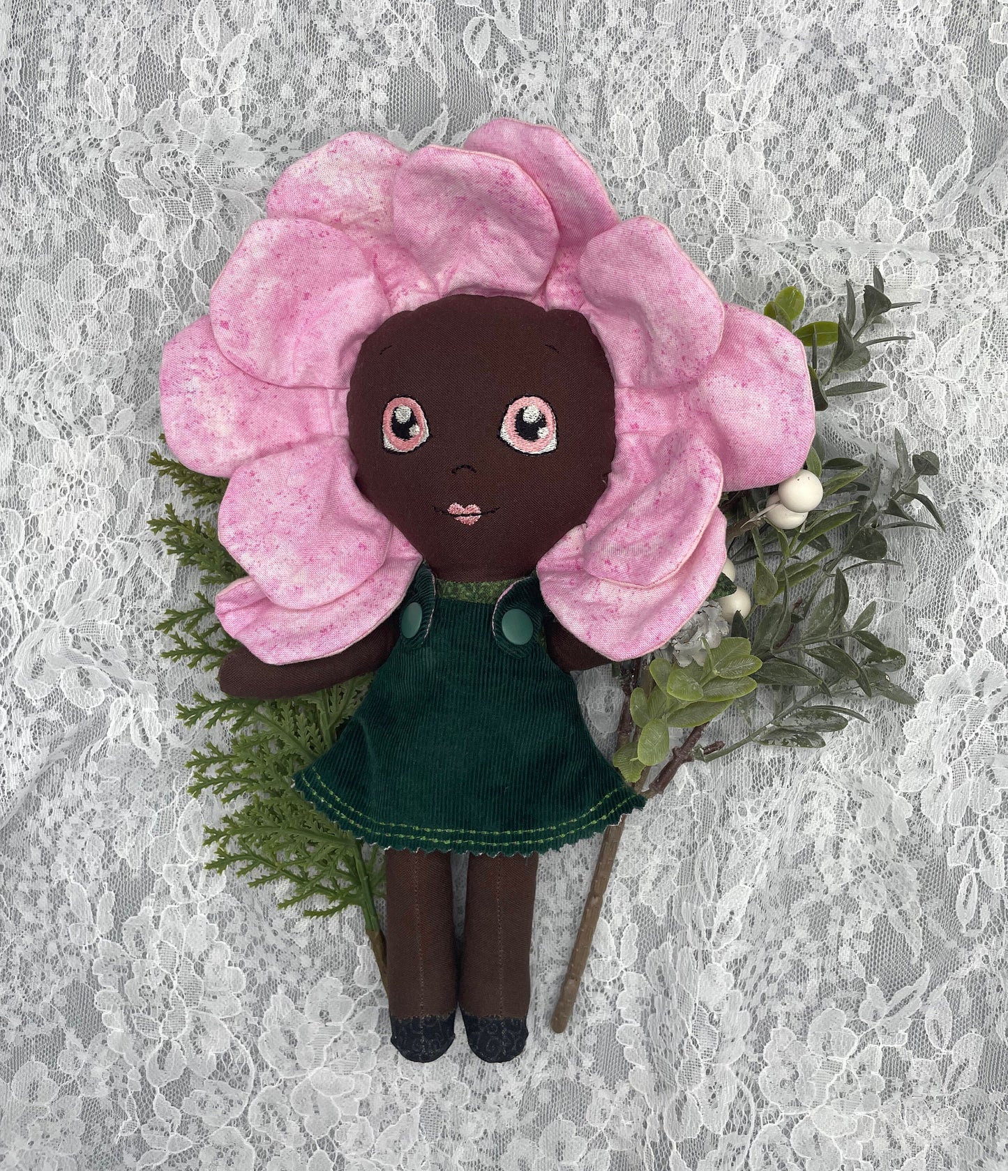 FLOWER DOLL, VALENTINE ROSE doll, Black Doll, Posable petals doll, Handmade, reversible dress, Rose, pink, easter, heirloom doll, flower girl, gift