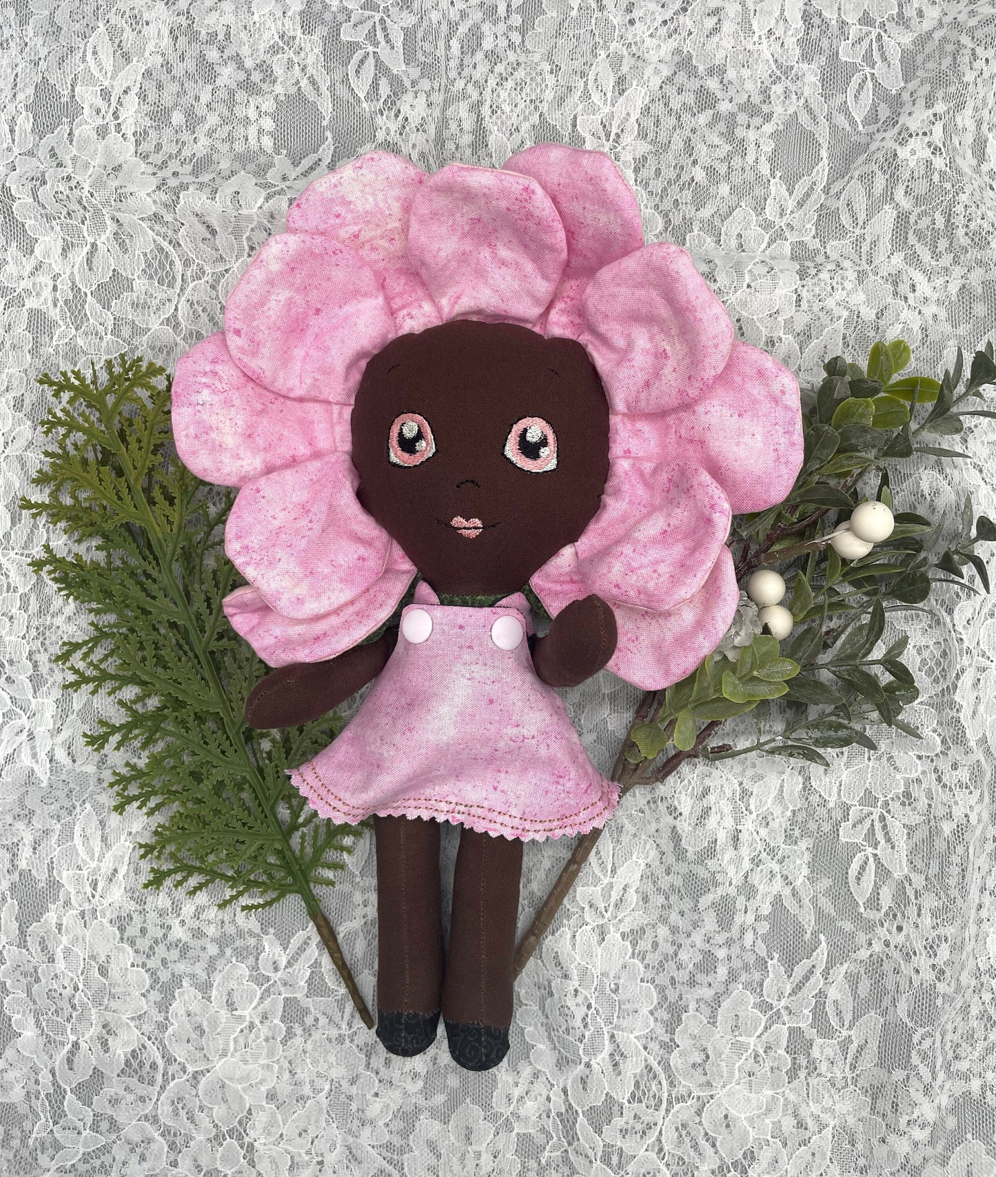 FLOWER DOLL, VALENTINE ROSE doll, Black Doll, Posable petals doll, Handmade, reversible dress, Rose, pink, easter, heirloom doll, flower girl, gift