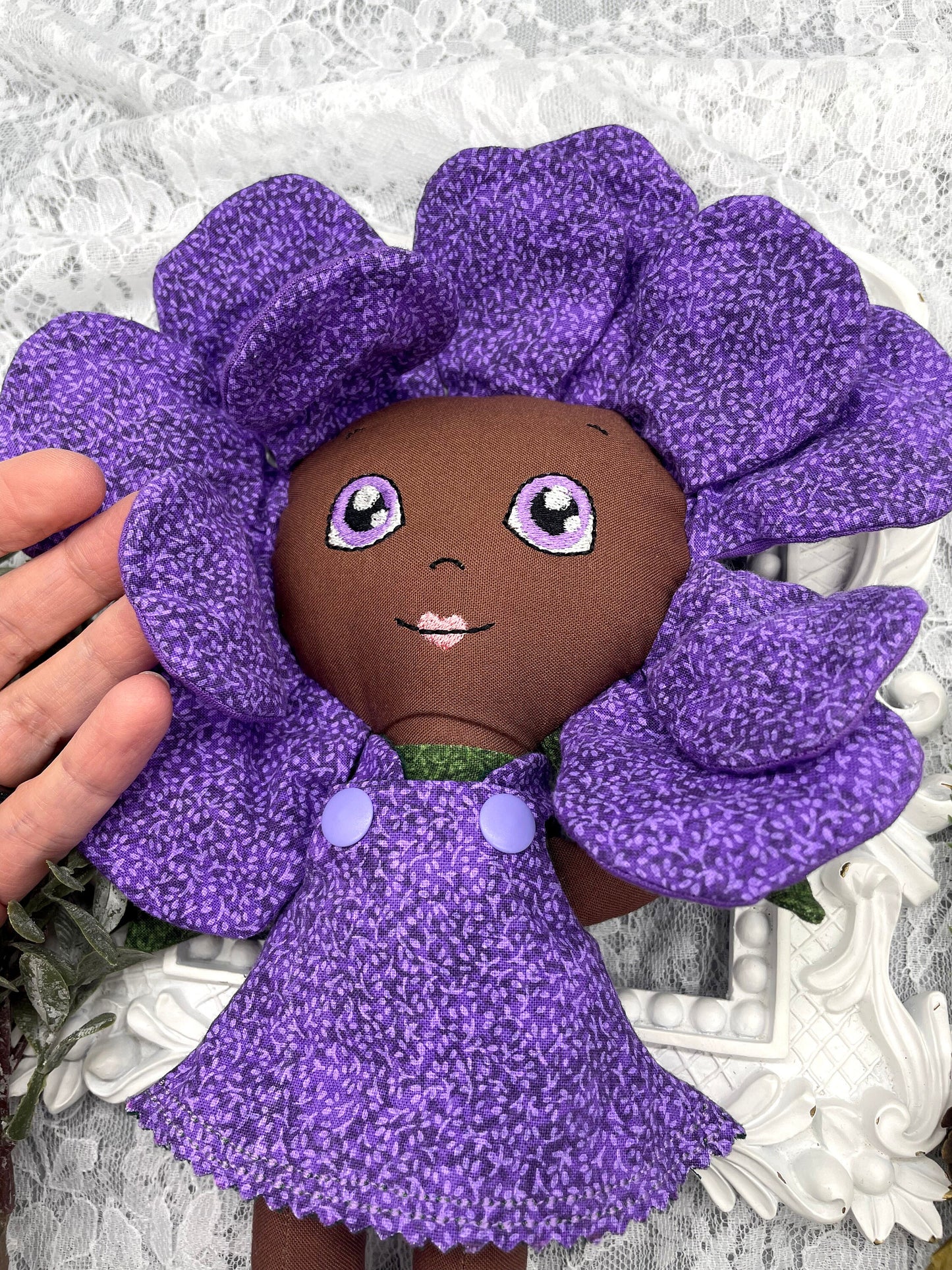 FLOWER DOLL, VALENTINE ROSE doll, Black Doll, Posable petals, Handmade, reversible dress, purple, Roses, black doll, diverse, easter, heirloom, flower girl, gift