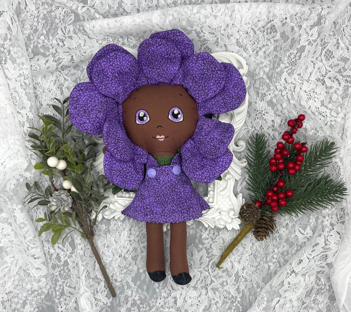 FLOWER DOLL, VALENTINE ROSE doll, Black Doll, Posable petals, Handmade, reversible dress, purple, Roses, black doll, diverse, easter, heirloom, flower girl, gift