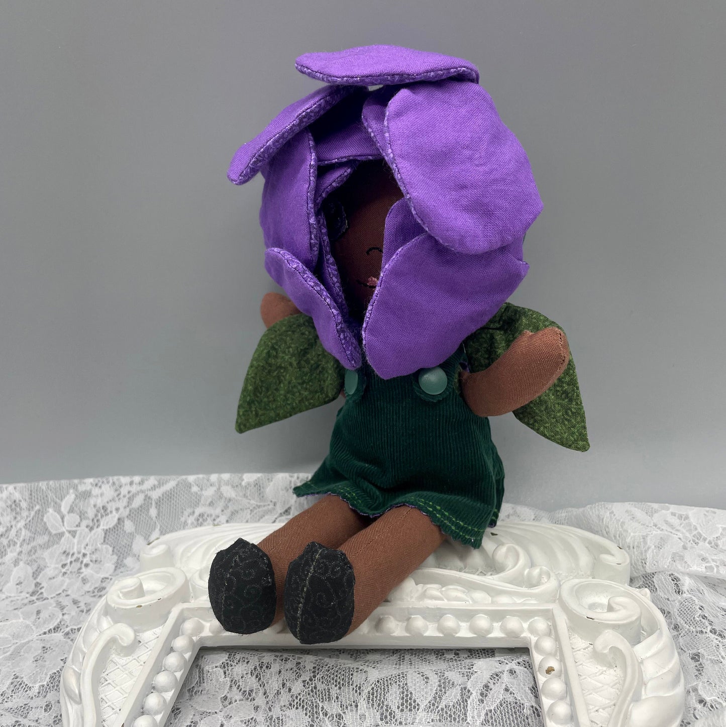 FLOWER DOLL, VALENTINE ROSE doll, Black Doll, Posable petals, Handmade, reversible dress, purple, Roses, black doll, diverse, easter, heirloom, flower girl, gift