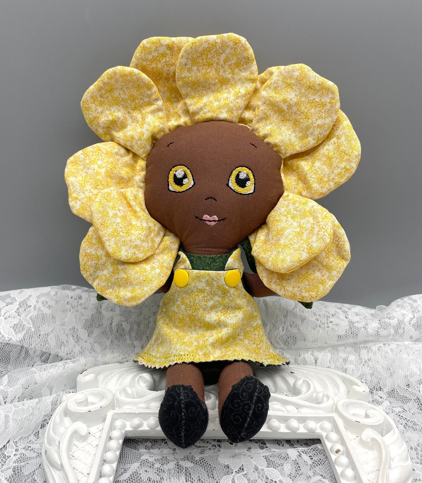 FLOWER DOLL, VALENTINE ROSE doll, Black Doll, Posable petals, Handmade, reversible dress, yellow roses, Unique, black doll, diverse, easter, heirloom doll, gift