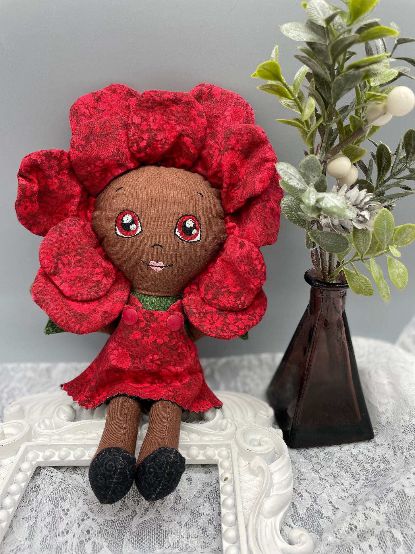 FLOWER DOLL, VALENTINE ROSE doll, Black Doll, Posable petals doll, Handmade, reversible dress, Roses, diverse, easter, heirloom doll, flower girl