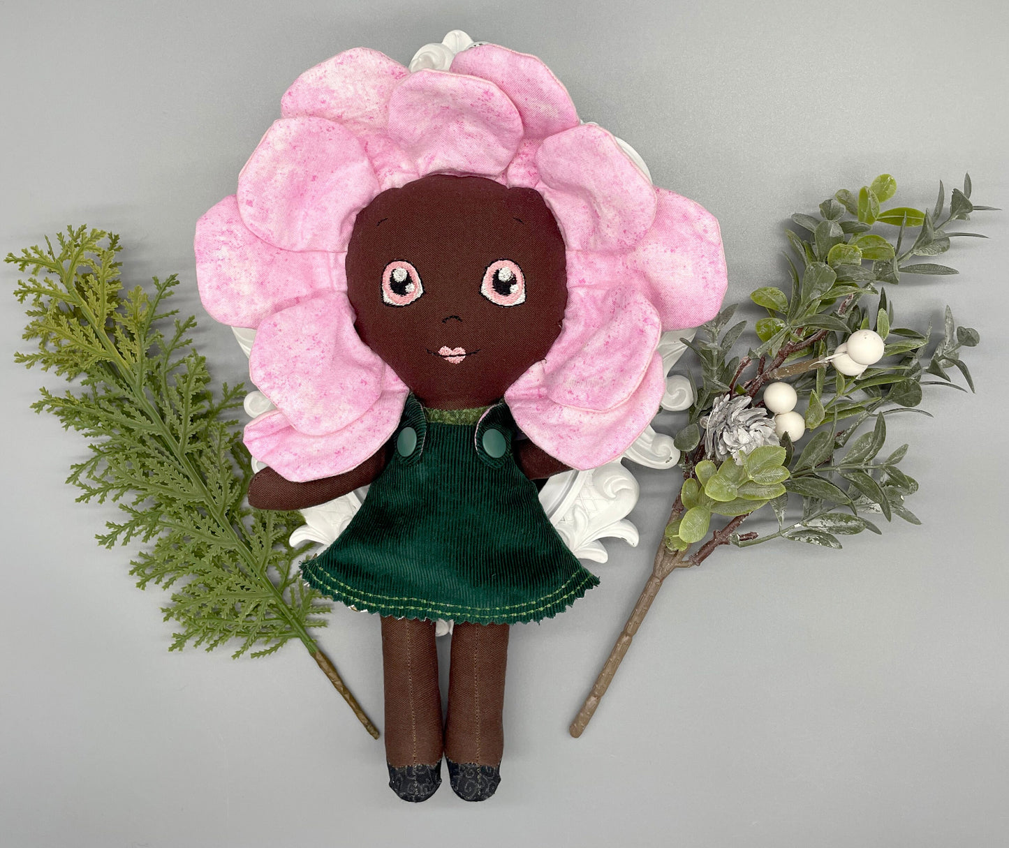 FLOWER DOLL, VALENTINE ROSE doll, Black Doll, Posable petals doll, Handmade, reversible dress, Rose, pink, easter, heirloom doll, flower girl, gift