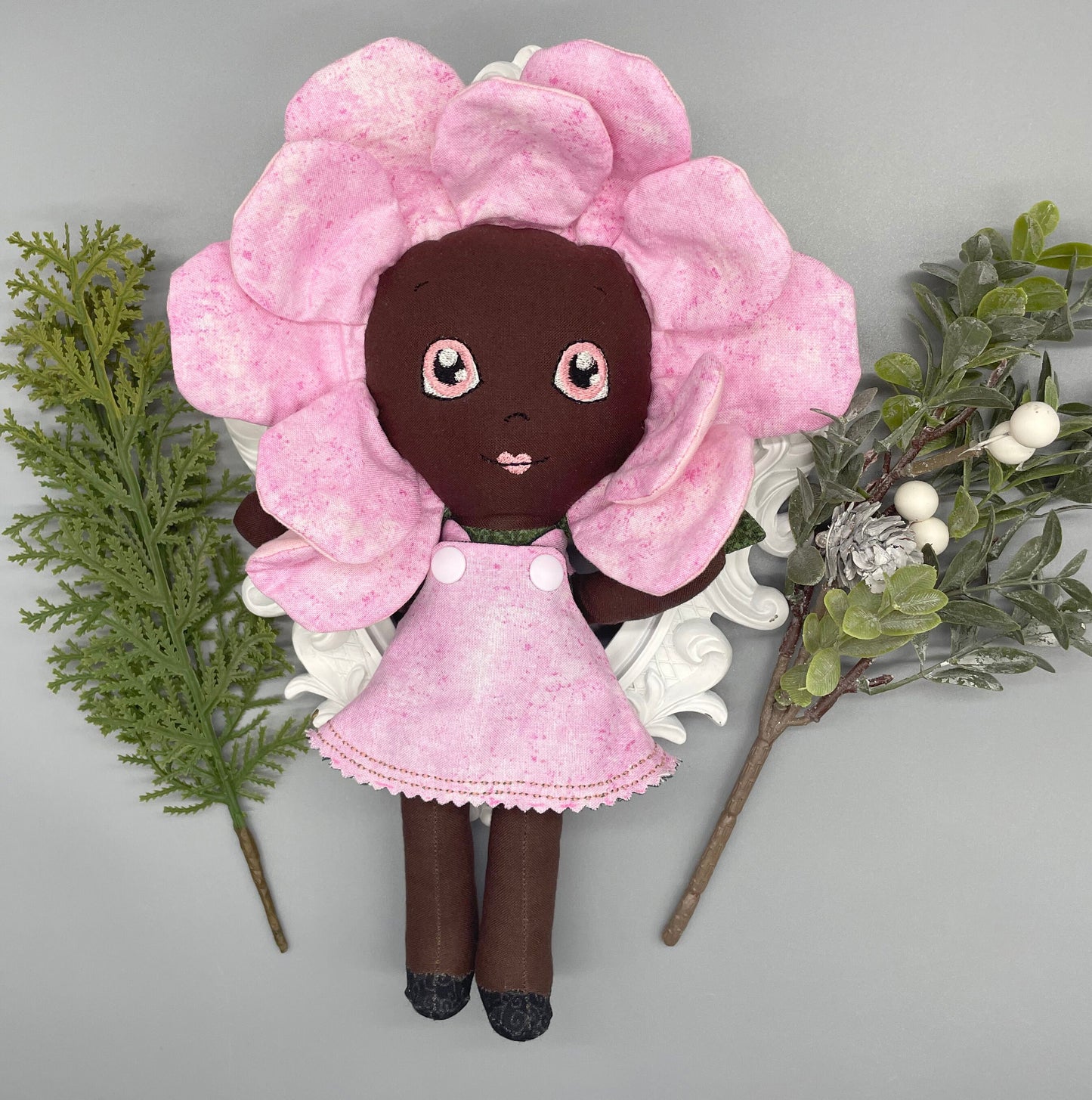 FLOWER DOLL, VALENTINE ROSE doll, Black Doll, Posable petals doll, Handmade, reversible dress, Rose, pink, easter, heirloom doll, flower girl, gift