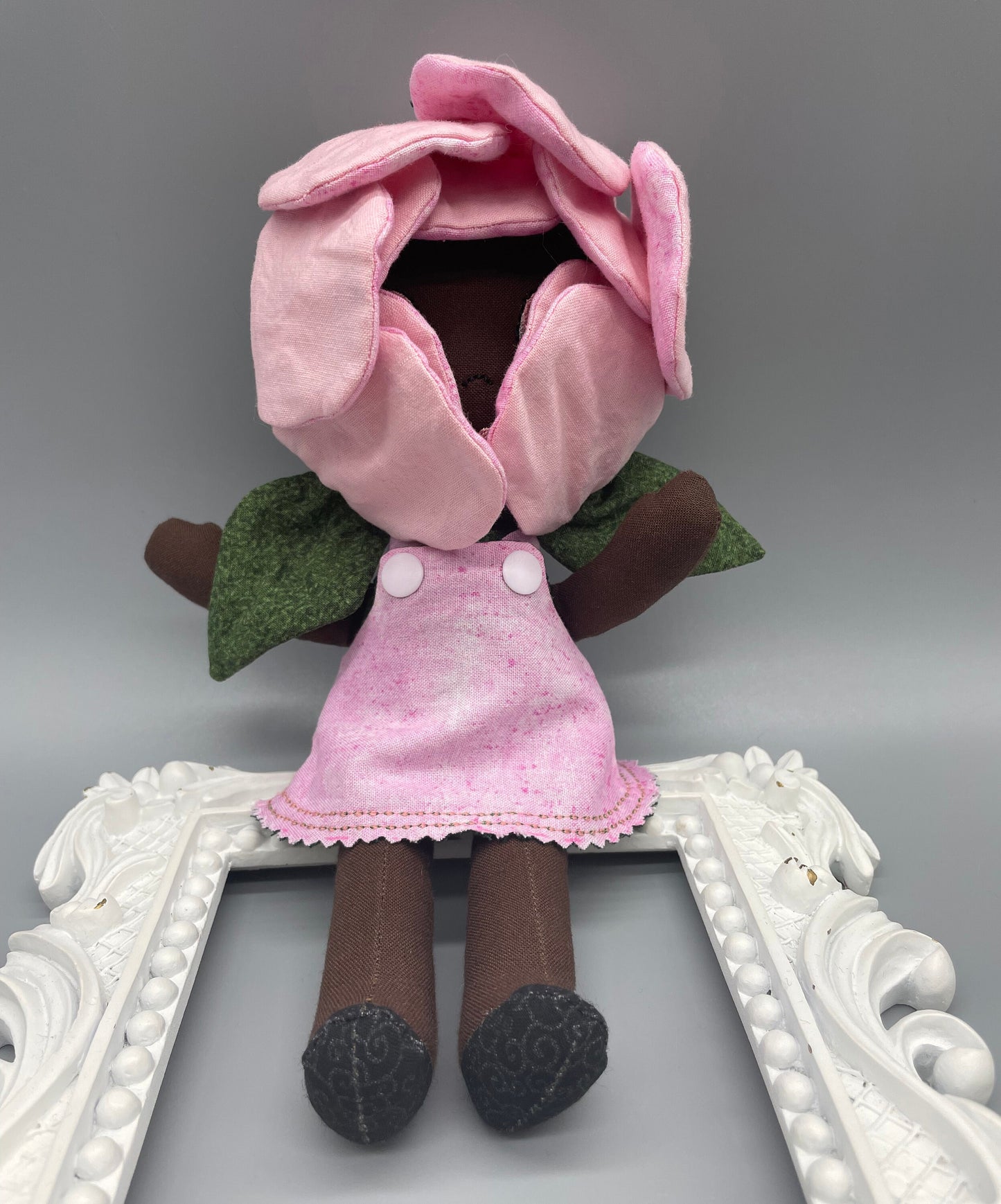 FLOWER DOLL, VALENTINE ROSE doll, Black Doll, Posable petals doll, Handmade, reversible dress, Rose, pink, easter, heirloom doll, flower girl, gift