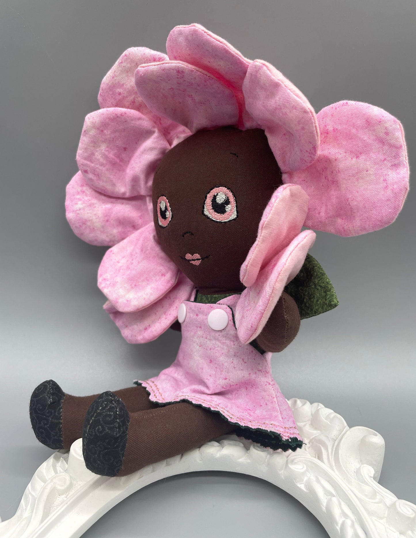FLOWER DOLL, VALENTINE ROSE doll, Black Doll, Posable petals doll, Handmade, reversible dress, Rose, pink, easter, heirloom doll, flower girl, gift