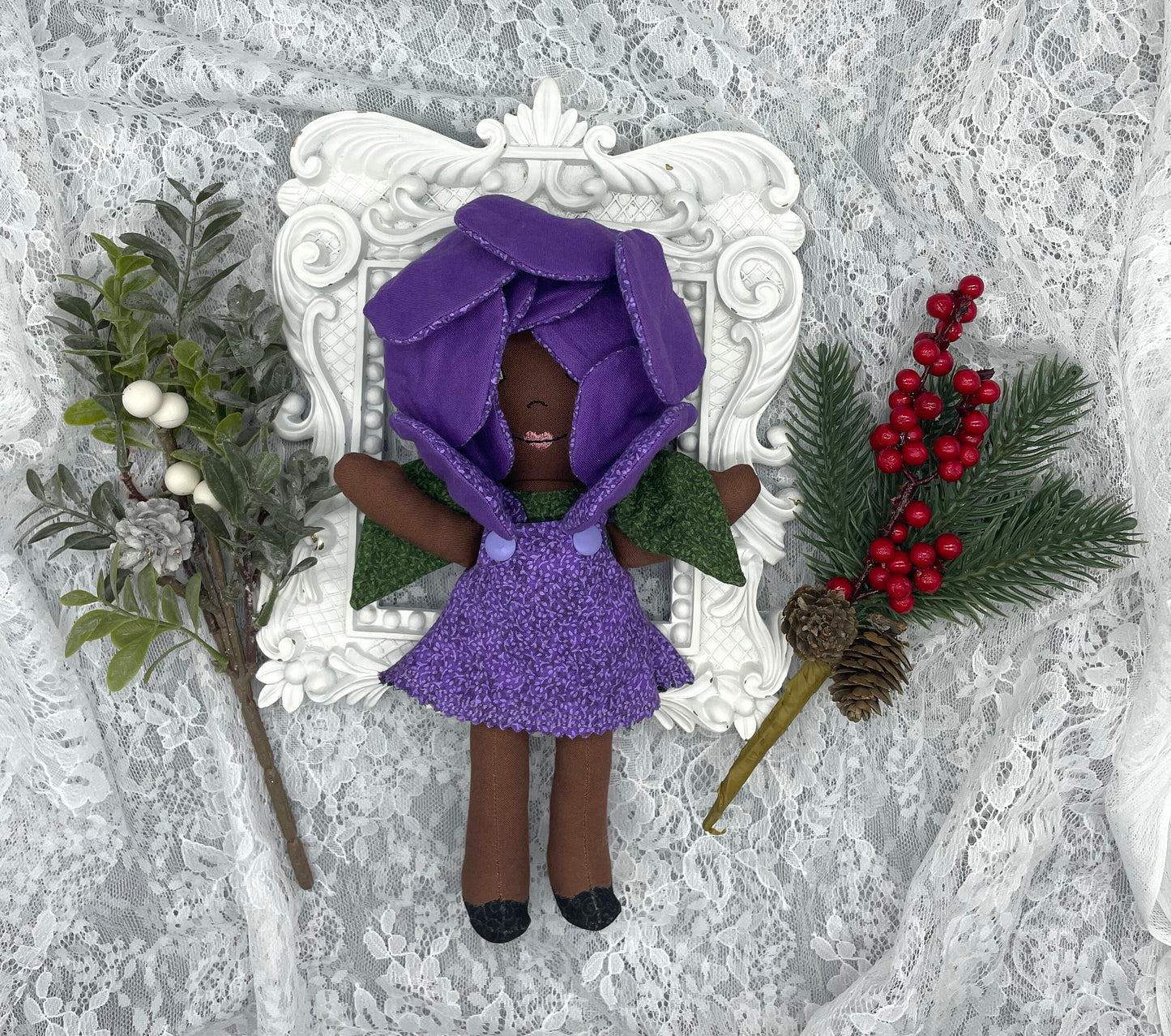 FLOWER DOLL, VALENTINE ROSE doll, Black Doll, Posable petals, Handmade, reversible dress, purple, Roses, black doll, diverse, easter, heirloom, flower girl, gift