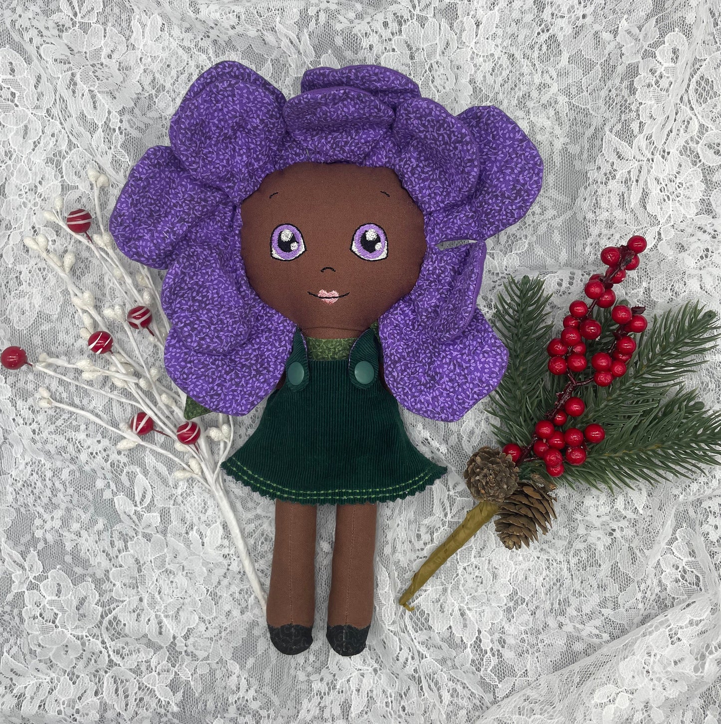 FLOWER DOLL, VALENTINE ROSE doll, Black Doll, Posable petals, Handmade, reversible dress, purple, Roses, black doll, diverse, easter, heirloom, flower girl, gift