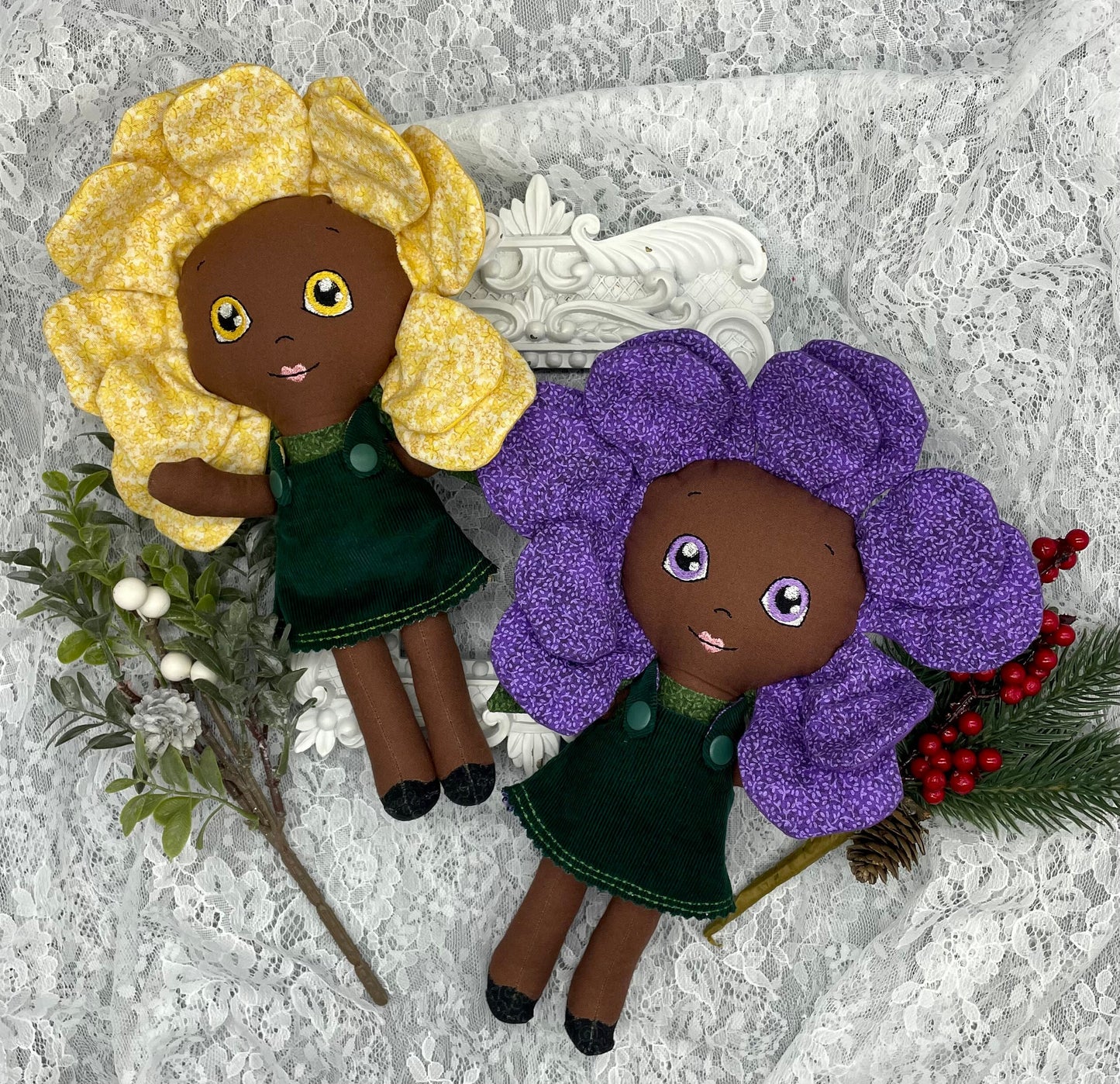 FLOWER DOLL, VALENTINE ROSE doll, Black Doll, Posable petals, Handmade, reversible dress, purple, Roses, black doll, diverse, easter, heirloom, flower girl, gift