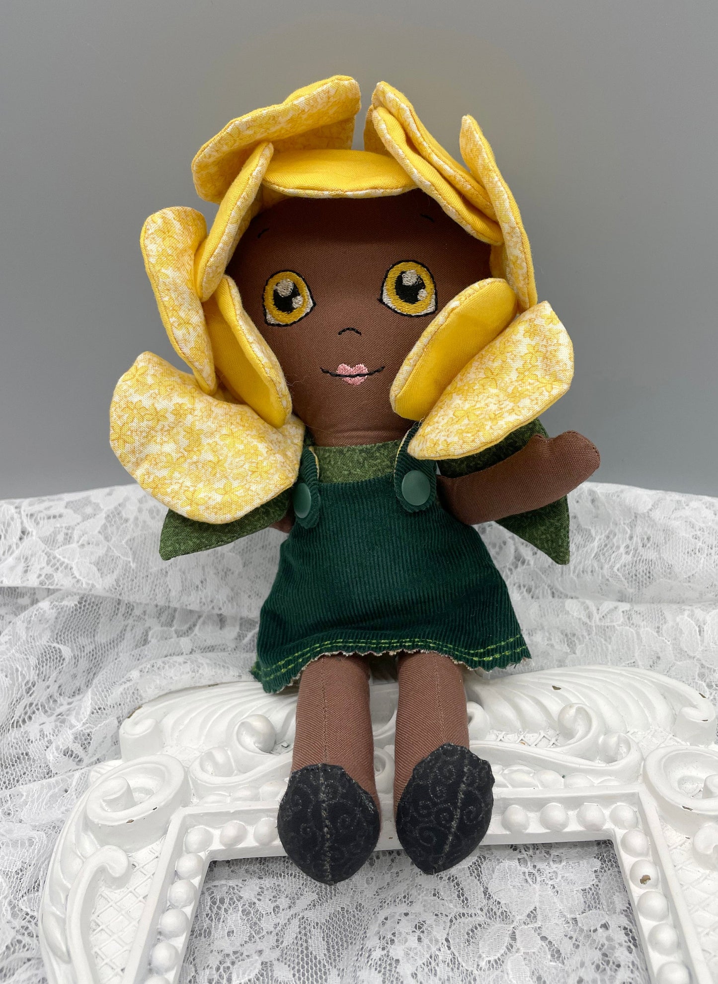 FLOWER DOLL, VALENTINE ROSE doll, Black Doll, Posable petals, Handmade, reversible dress, yellow roses, Unique, black doll, diverse, easter, heirloom doll, gift