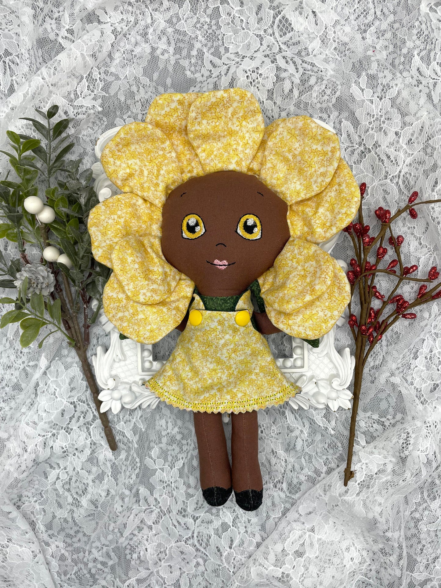 FLOWER DOLL, VALENTINE ROSE doll, Black Doll, Posable petals, Handmade, reversible dress, yellow roses, Unique, black doll, diverse, easter, heirloom doll, gift